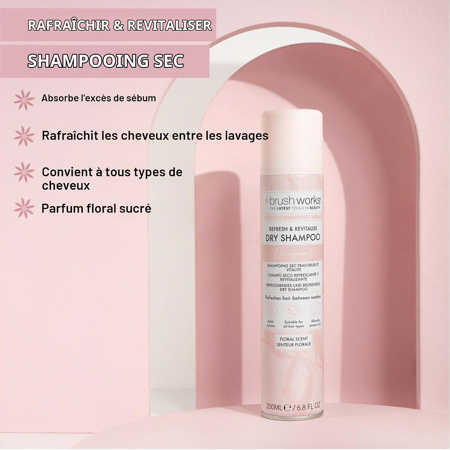 Detalle de Brushworks Refresh & Revitalise Floral Dry Shampoo, 200 ml met rijstzetmeel
