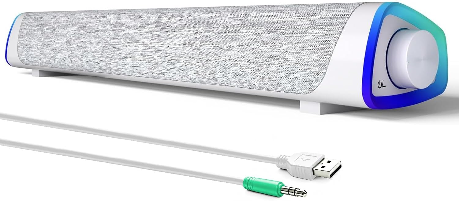 Detalle de SOULION R30 USB-Computerlautsprecher mit LED-Lichtern und 3,5-mm-Audioanschluss (weiß)