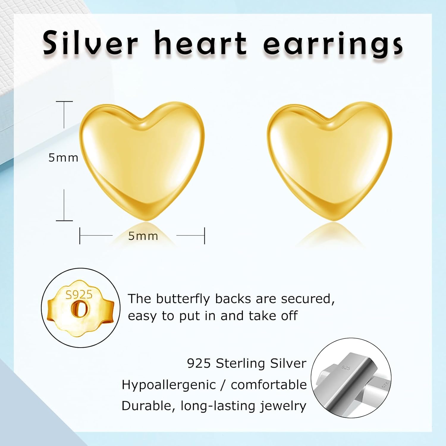 Detalle de Estrellique 925 Sterling Silver Stud Earrings – Small Heart 5mm, Hypoallergenic and Lightweight
