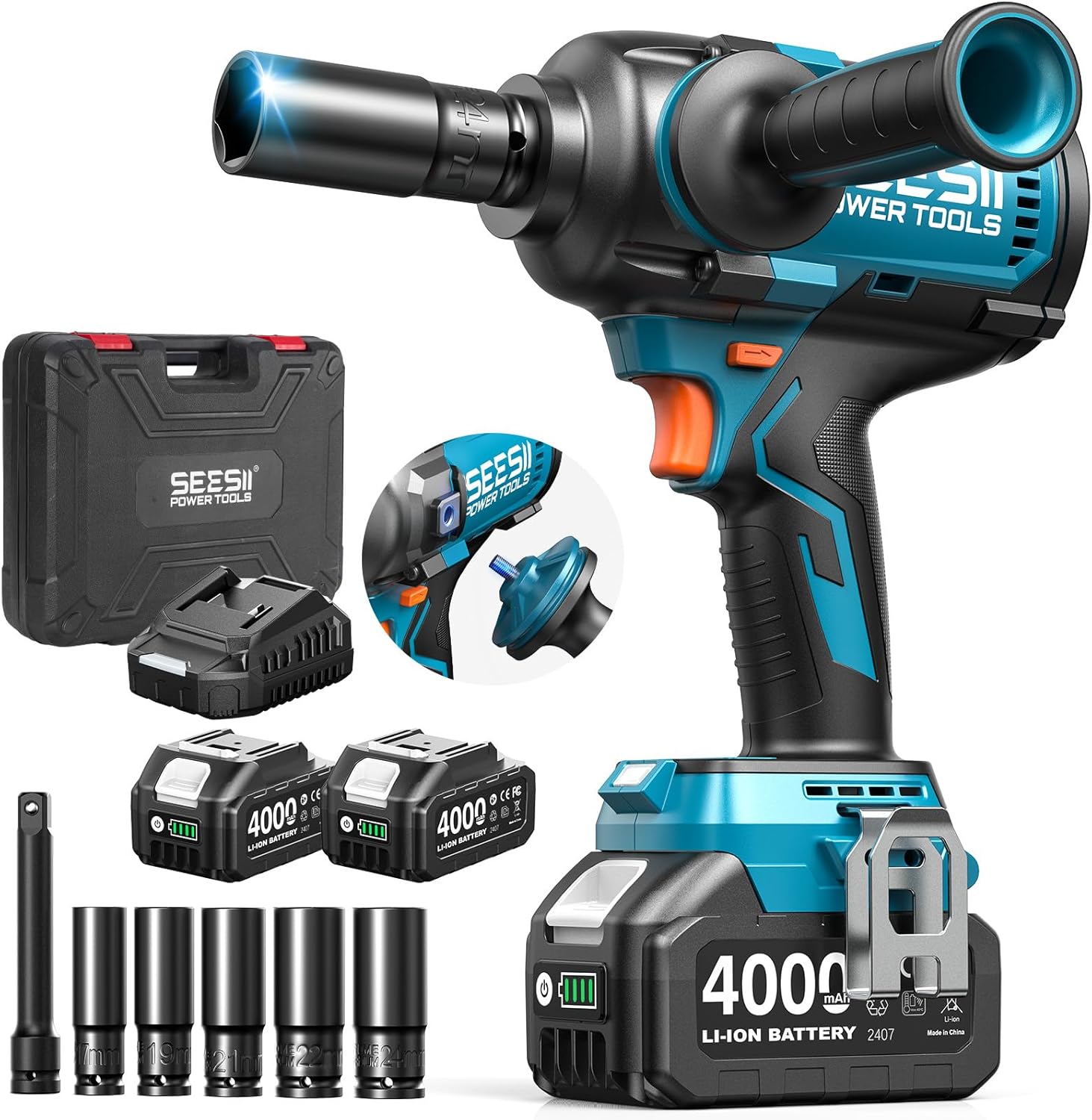 Detalle de Seesii WH16 Ultra Pro 1/2-Inch Cordless Impact Wrench, 1,600 N·m, 2 Batteries