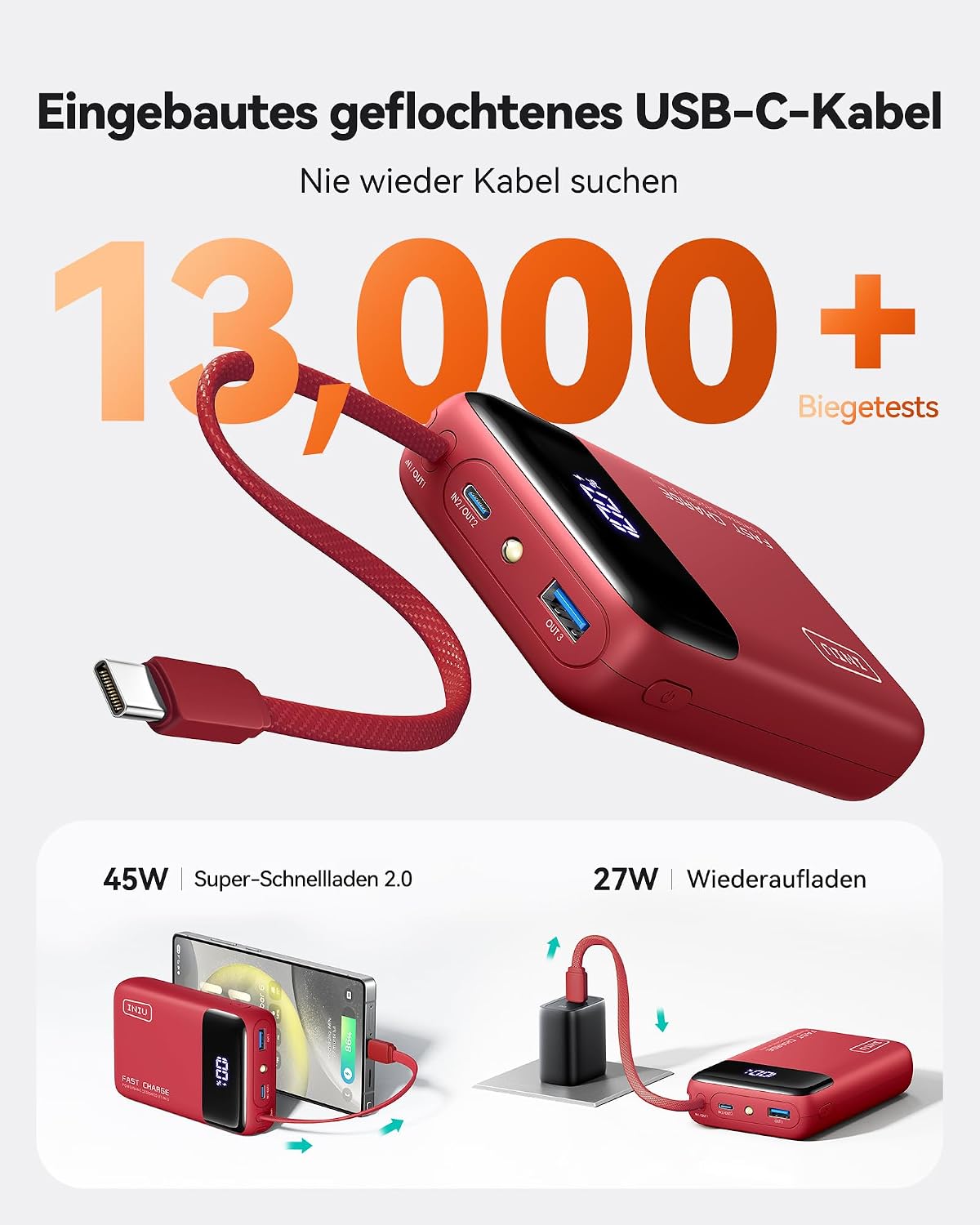Detalle de INIU 45W Power Bank – Ultraklein mit 20000 mAh und integriertem USB‑C Kabel
