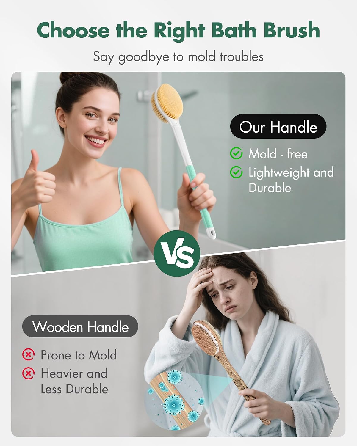 Detalle de Back Scrubber Body Shower Brush with Anti-Slip Long Handle (Mint Green) – Stiff & Soft Double-Sided Bristles