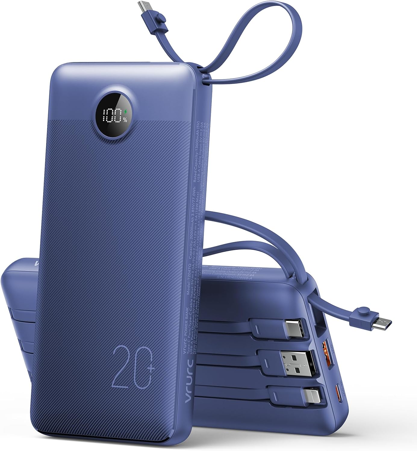 Detalle de VRURC T2047Q 20,000mAh Power Bank with Four Built-In Cables and 22.5W Charging