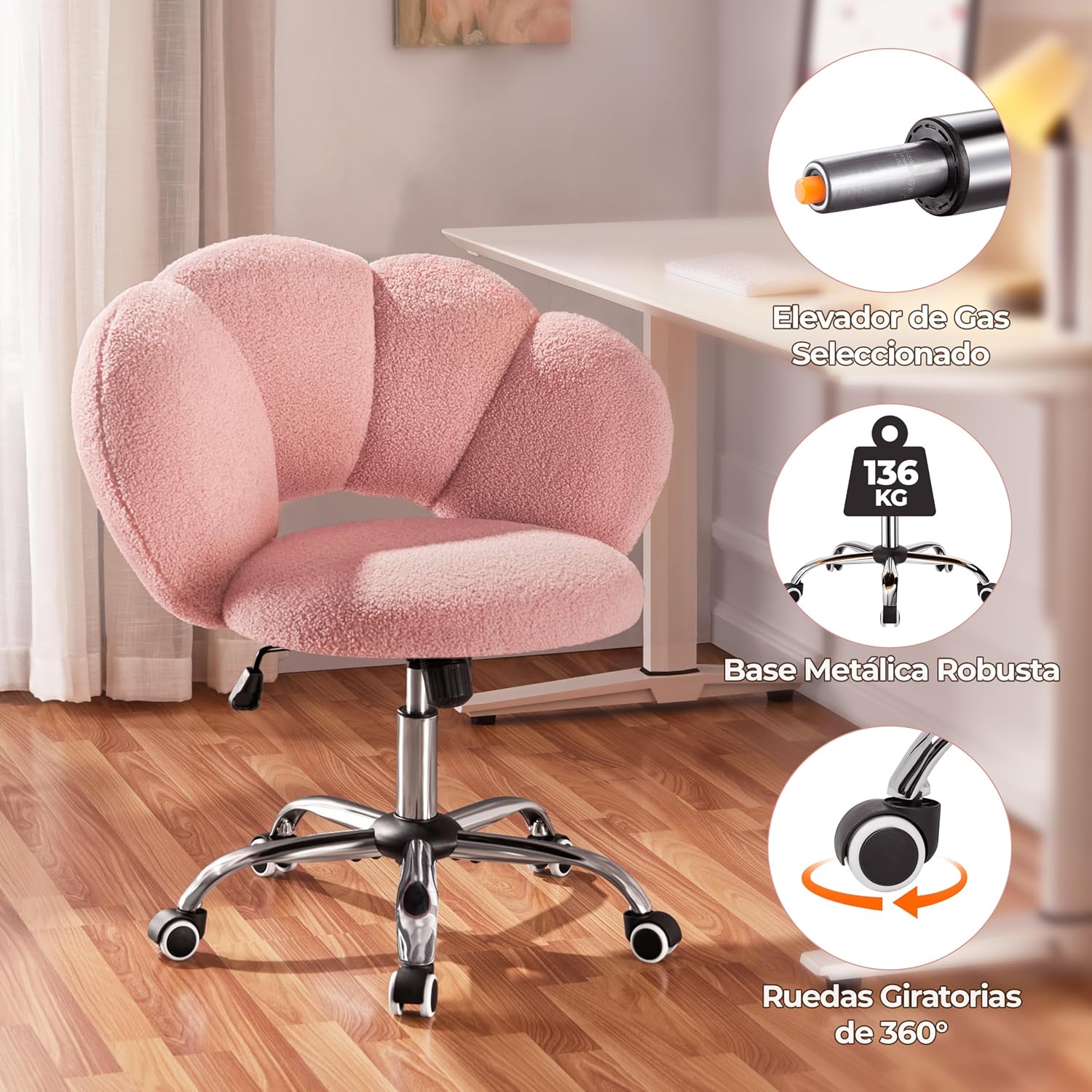 Thumbnail 6 de Yaheetech Silla Ergonómica Rosa con Ruedas