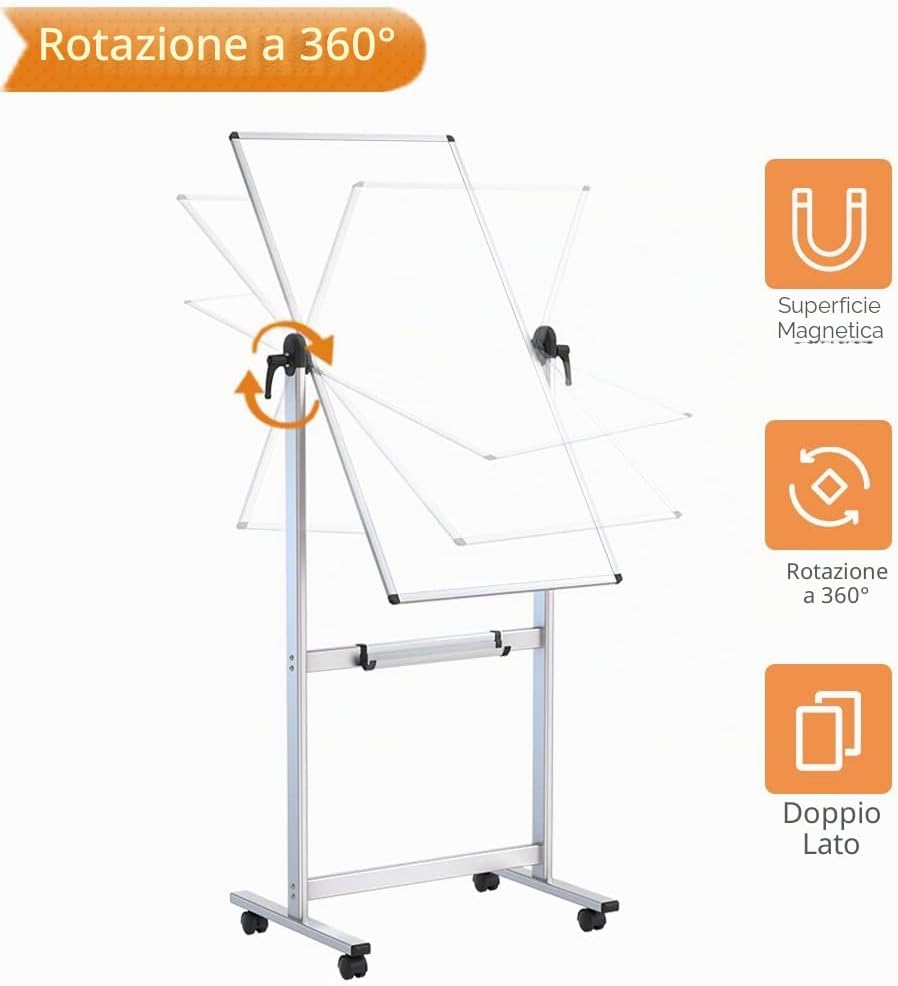 Detalle de VIZ-PRO Lavagna Bianca Mobile con Supporto – Doppia Faccia, Cornice in Alluminio 120 x 60 cm