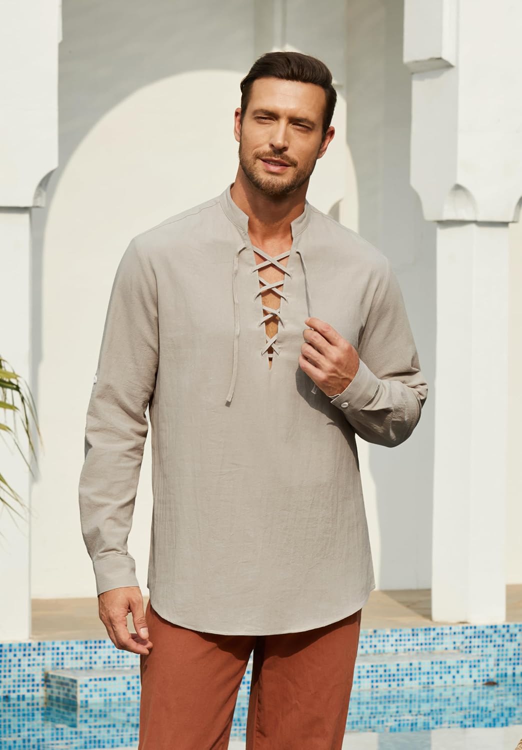 Detalle 2 de Enlision Men's Linen Shirt Classic Lace Up Long Sleeve – Vintage Medieval Inspired