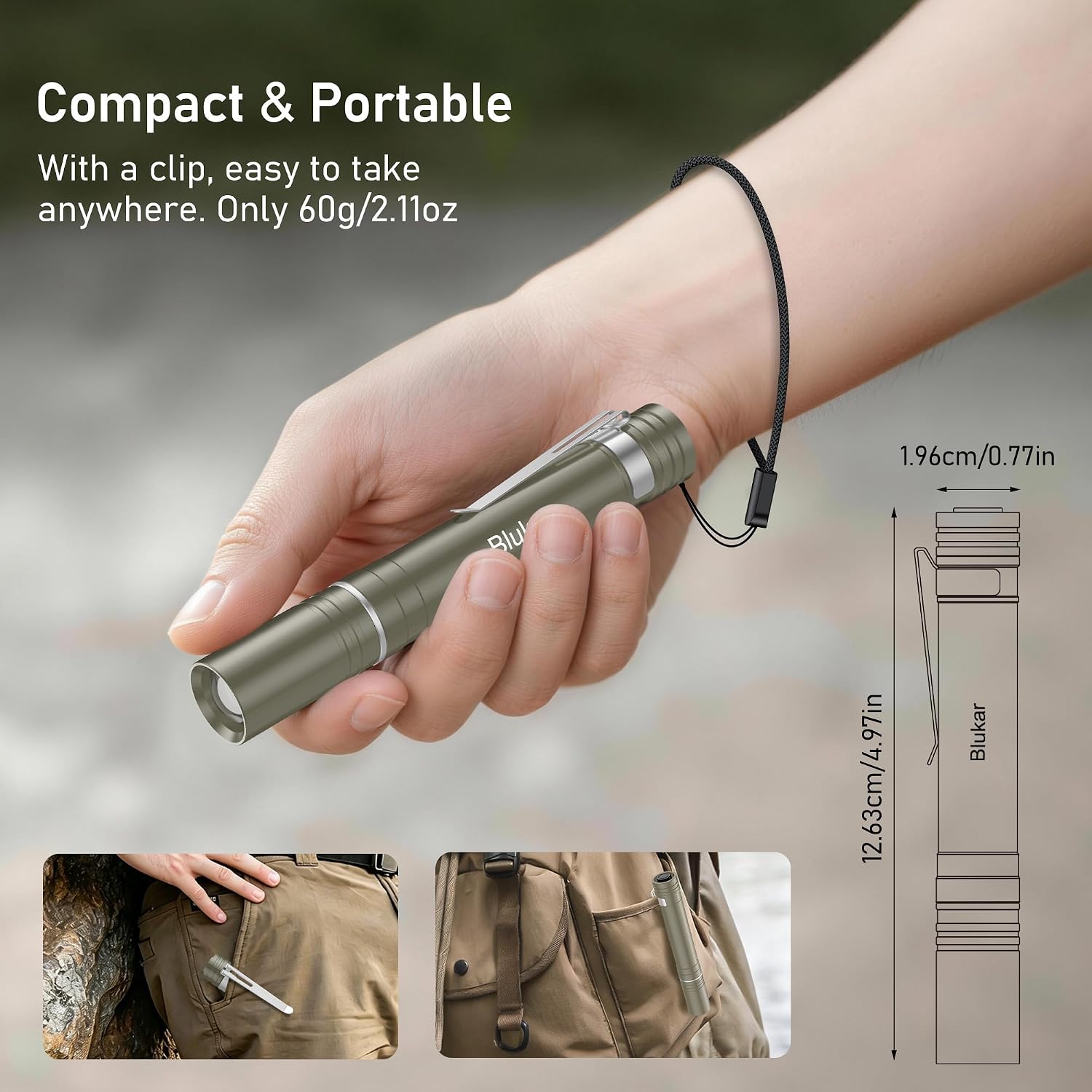 Detalle 1 de Blukar K9171 Mini Pen Torch, Rechargeable LED, 4 Modes and Zoomable Focus