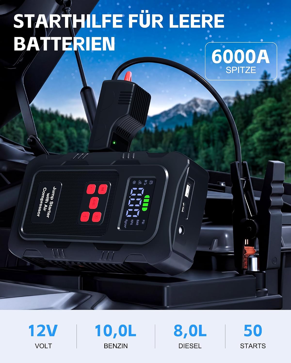 Detalle 2 de Povasee Starthilfe Powerbank für Pkw mit Kompressor – 6000A, 150 PSI, LED-Beleuchtung, USB-C