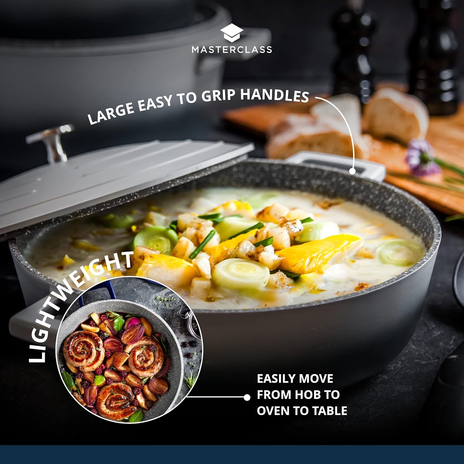 Detalle de MasterClass Casserole peu profonde avec couvercle 4L/28 cm en fonte d'aluminium légère – Grey Ombre