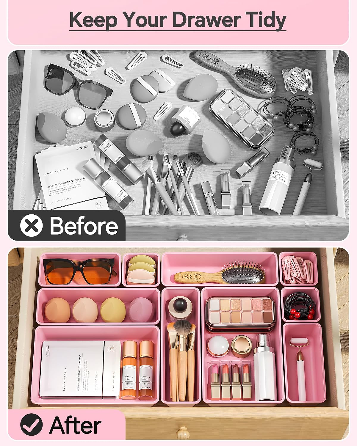 Detalle de KEMETHY H25-Pink 25-Piece Plastic Drawer Organizer Set, 4 Sizes