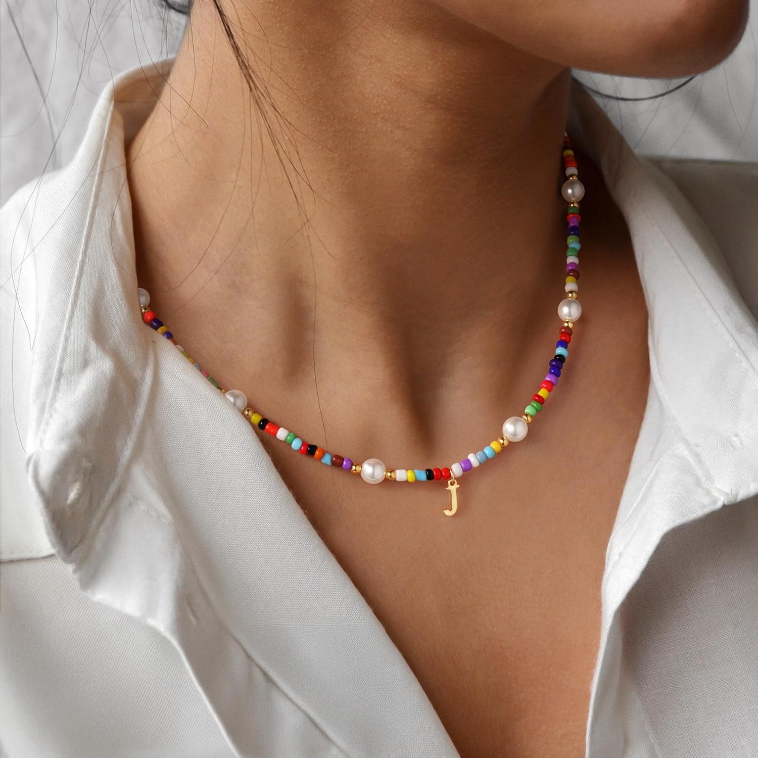 Thumbnail 2 de TINGN Bunte Perlenkette für Frauen und Mädchen – handgefertigte Initialkette mit bunten Perlen