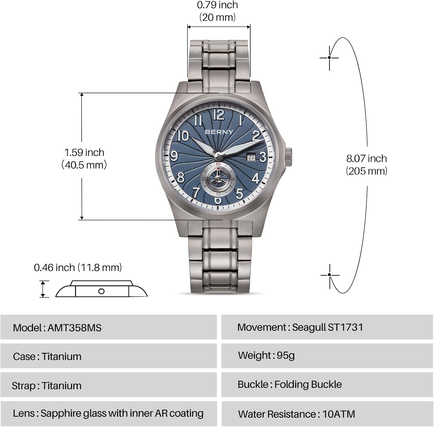 Thumbnail 5 de BERNY Titanium Automatik-Herrenuhr mit Seagull ST1731, 10ATM und Saphirglas