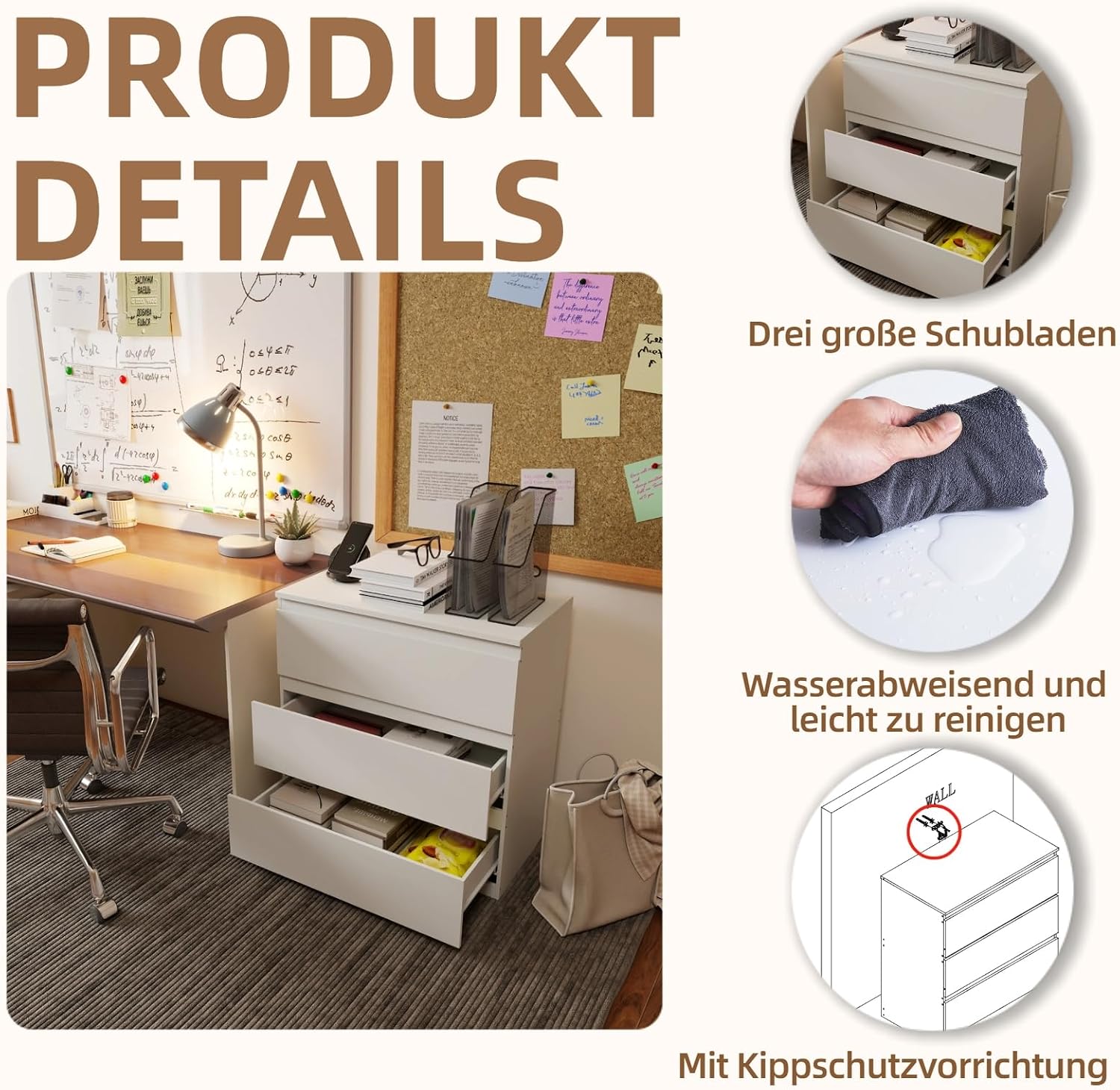 Detalle 2 de Liink1Ga LIKE-75-WH commode met 3 laden, wit en 70 cm breed