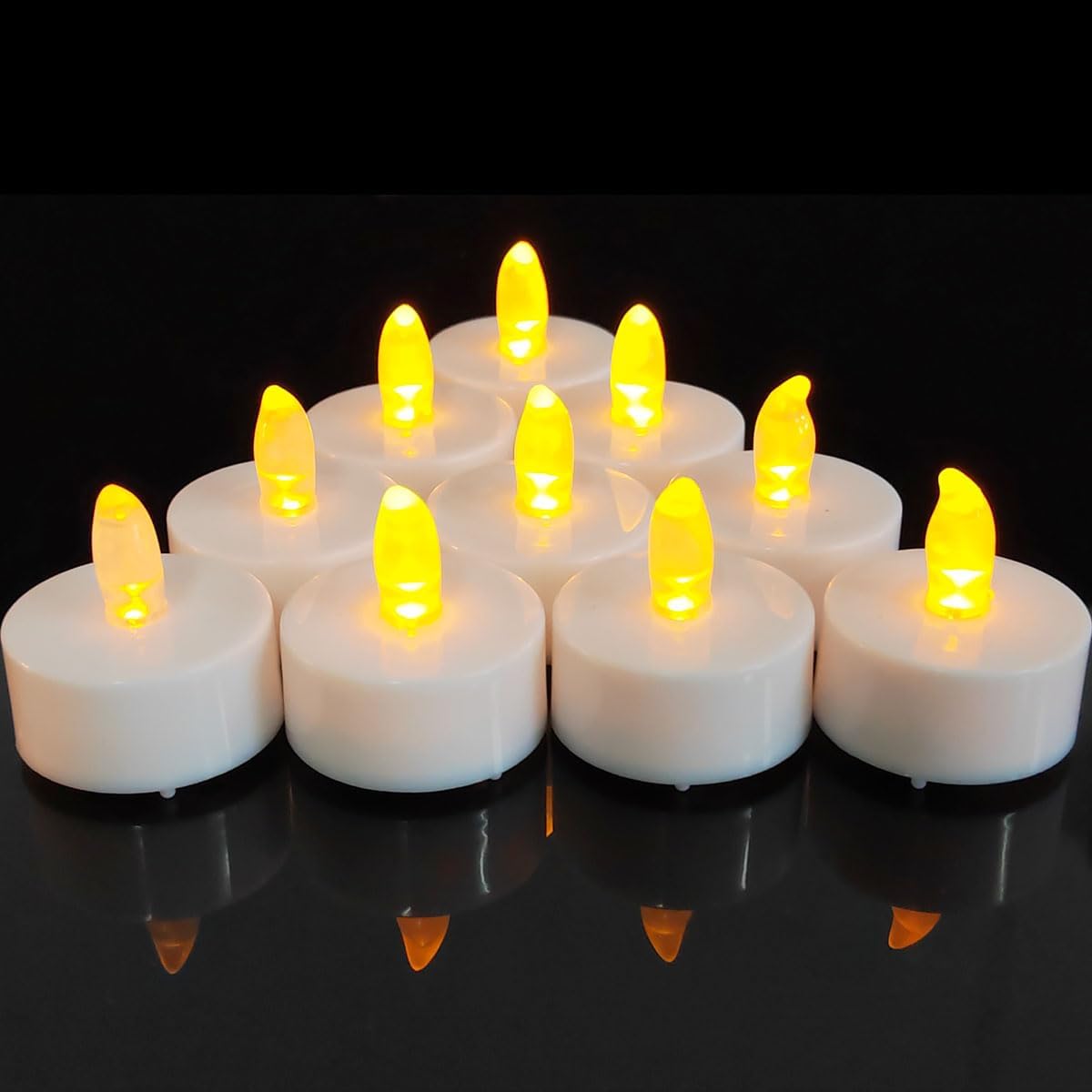 Detalle de 12 Pack Flickering Battery-Operated Flameless LED Tea Lights with Timer (6 Hours On / 18 Hours Off) – Warm Yellow