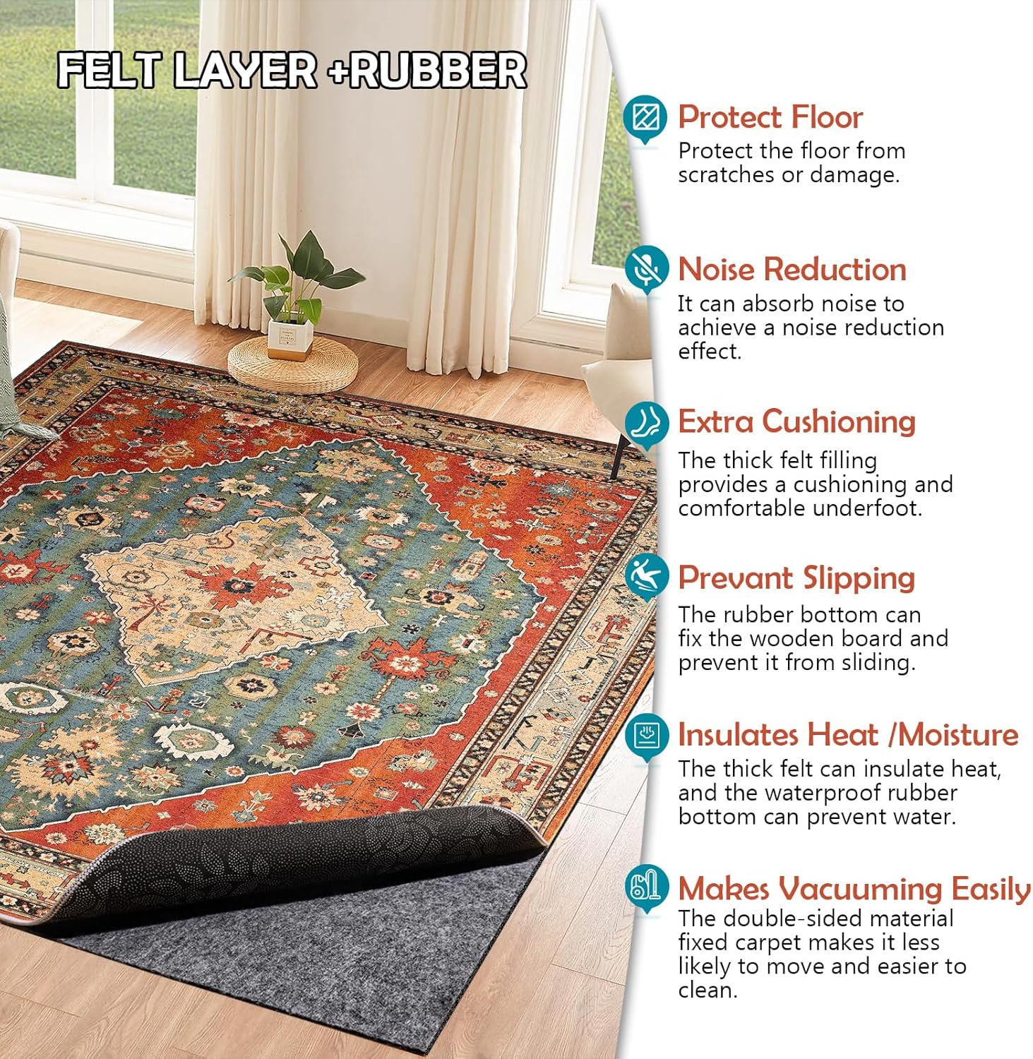 Thumbnail 4 de Waterproof Rug Pad 9x12 Ft Felt Under Area Rug Pad with Non-Slip Waterproof TPR Backing
