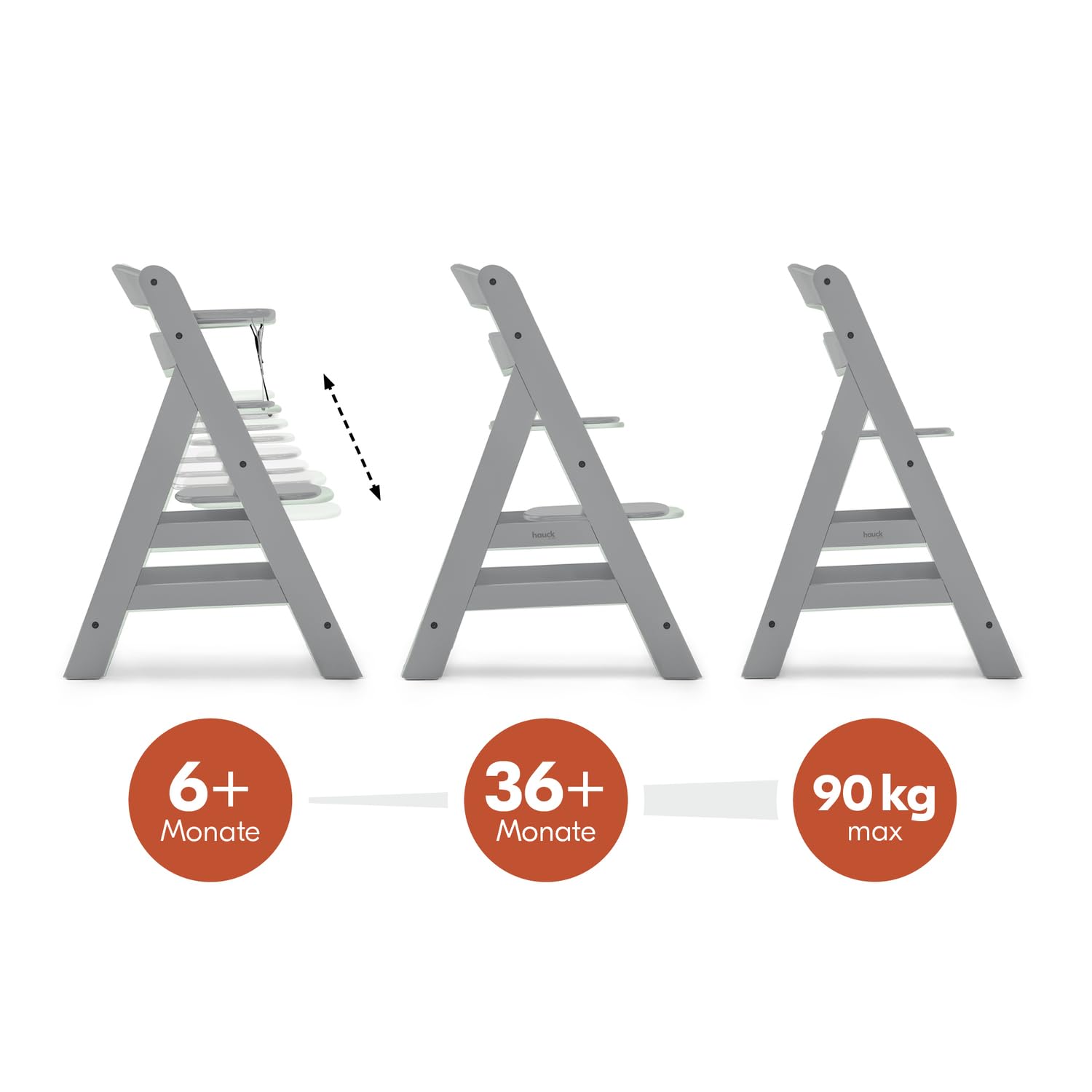 Detalle de hauck Alpha+ Grey – Mitwachsender Holzhochstuhl aus Buche, bis 90 kg, inkl. 5-Punkt-Gurt und Zubehör