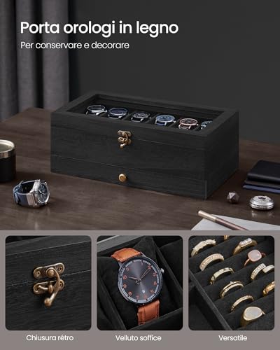 Detalle de SONGMICS Porta Orologi a 12 Scomparti, 2 Livelli, Coperchio in Vetro e Fodera in Velluto – JOW012B02