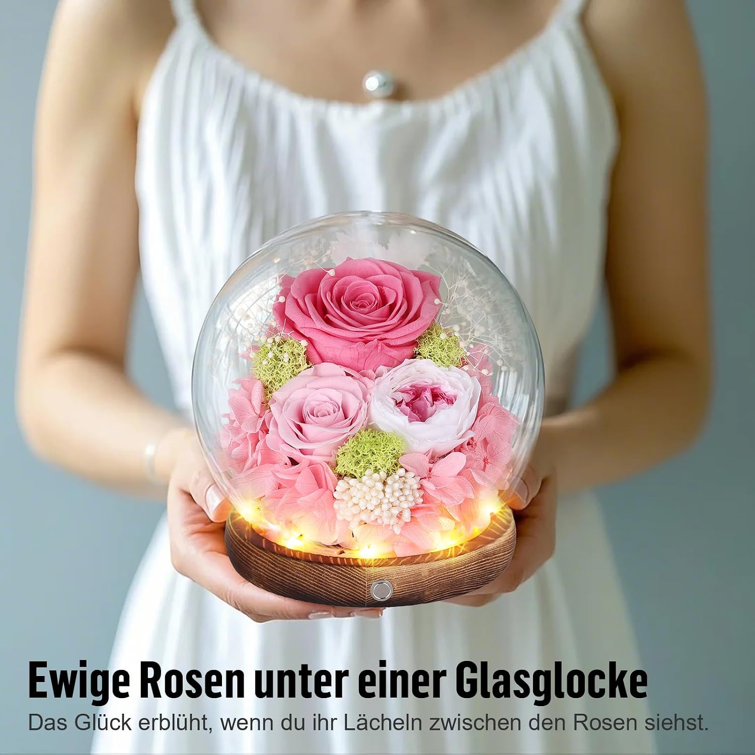 Detalle 2 de Ewige Rose im Glas mit LED-Licht – Infinity Rose in Glaskuppel