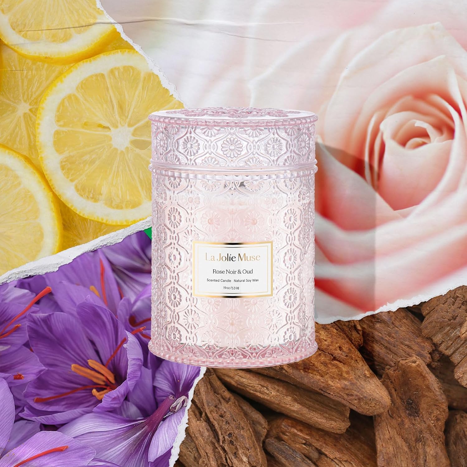 Thumbnail 1 de LA JOLIE MUSE Rose Noir & Oud Scented Candle – 19 oz Large Wooden Wick, Soy Wax, 90 Hours