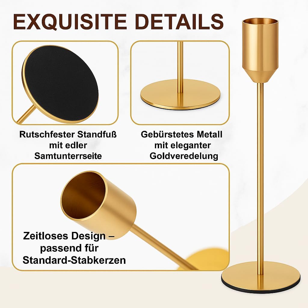 Thumbnail 1 de Alcohu 3er Set goldene Kerzenständer aus Metall für Stabkerzen (Ø 2,2 cm) – Vintage für Tisch & Kamin