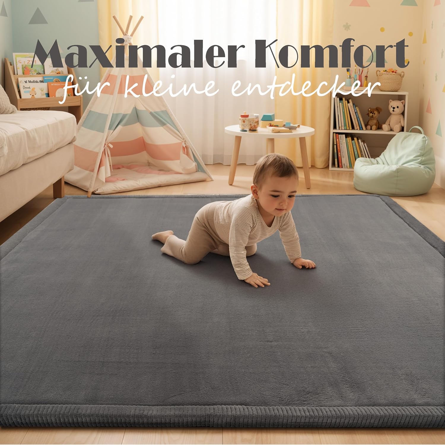 Thumbnail 3 de Paco Home Kinderzimmer Teppich rund 200 cm Anthrazit – 20 mm Flor, rutschfest für Baby & Krabbeldecke