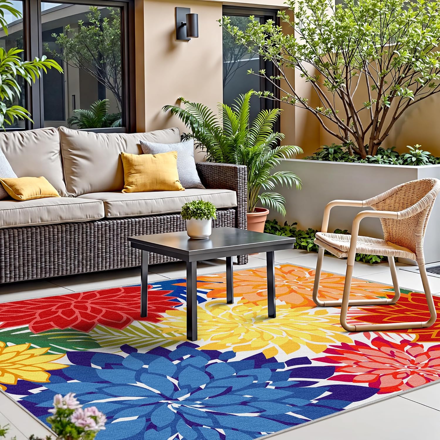Thumbnail 5 de Colorful 9x12 Outdoor Area Rug: Multicolor Floral Chenille, Washable & Non-Slip