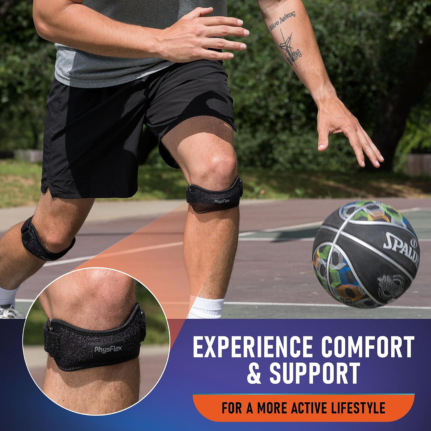 Detalle de PhysFlex 2-Pack Patella Knee Braces, Adjustable Black Polyester Supports