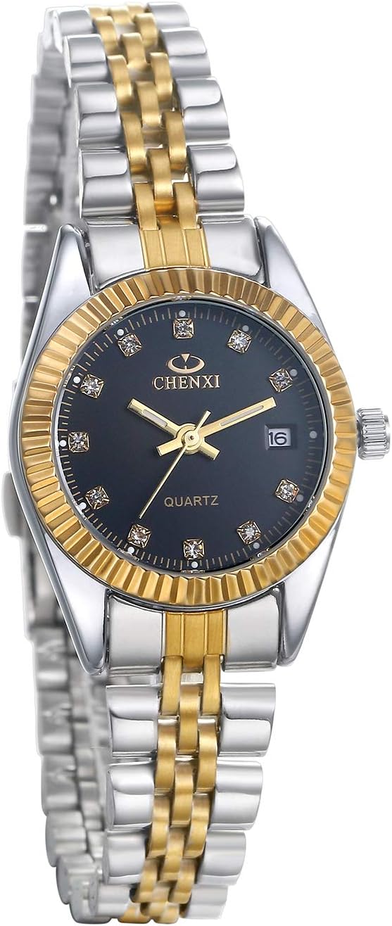 Detalle de JewelryWe Paar Uhr Analog Quarz Kalender 30M Wasserdicht – Edelstahl, Strass, Geschenkbox