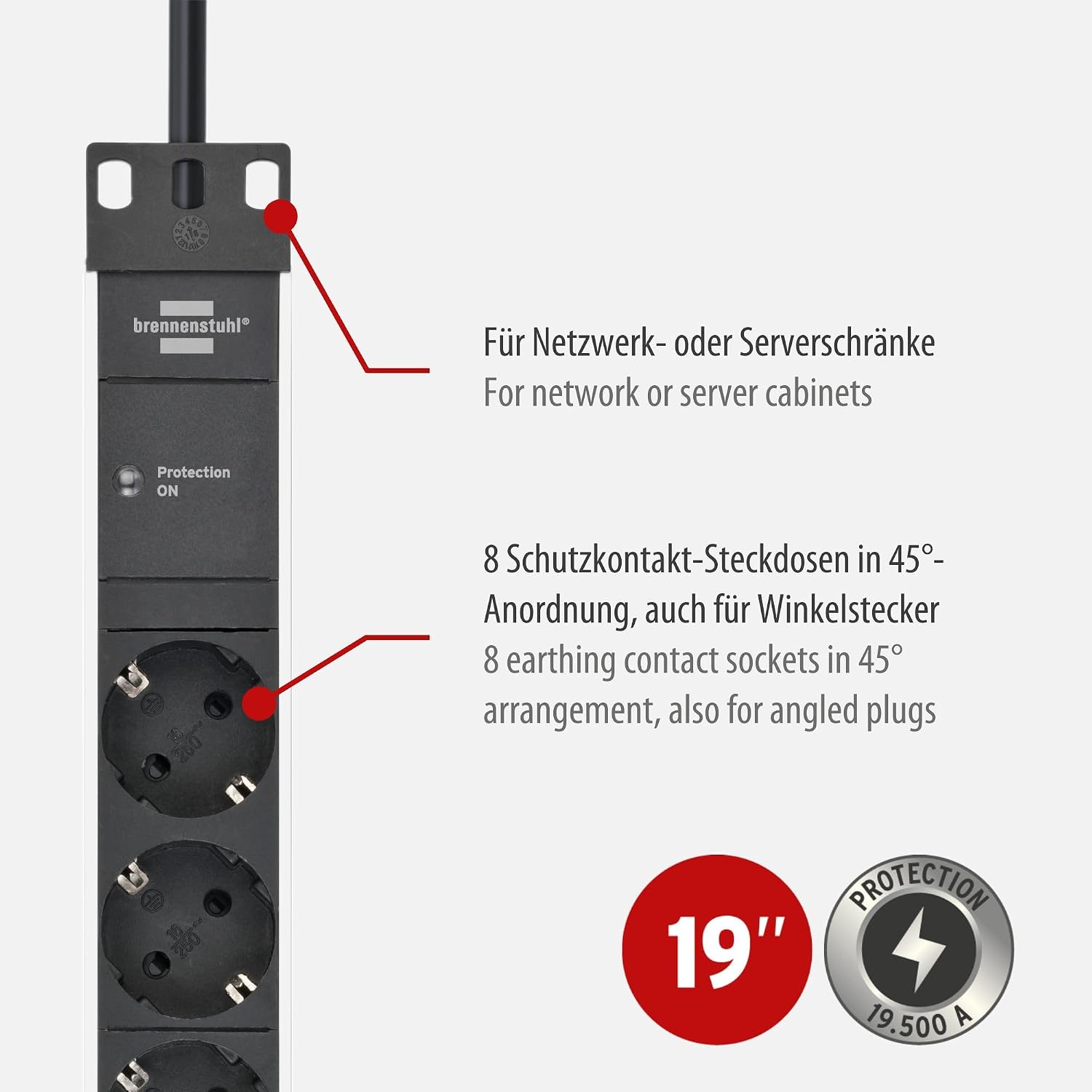 Detalle 2 de Brennenstuhl Alu-Line 8‑fach Steckdosenleiste im 19 Zoll Format mit Überspannungsschutz