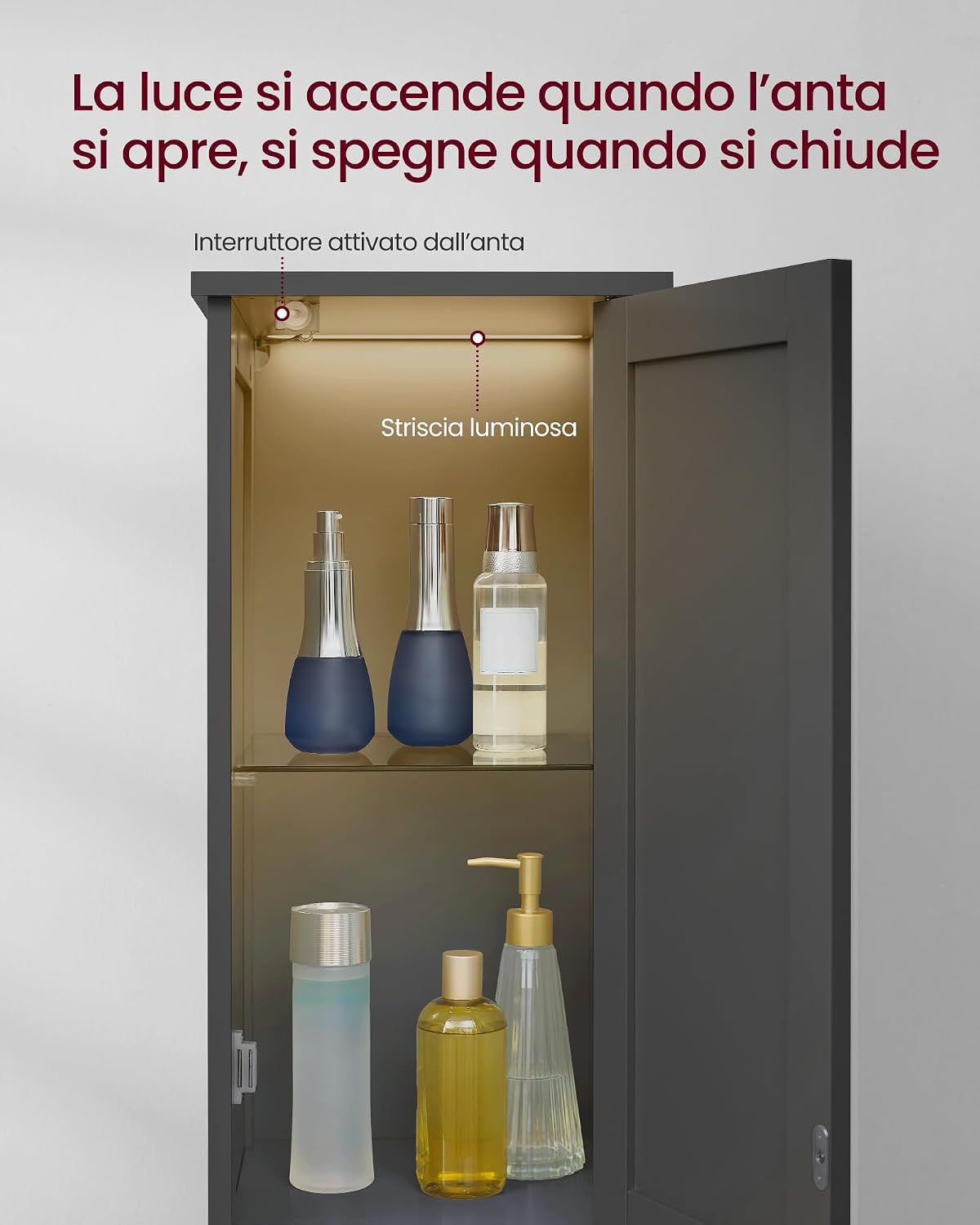 Thumbnail 2 de VASAGLE Mobile da bagno a colonna con luce BBK566BC01, nero inchiostro, 30 cm