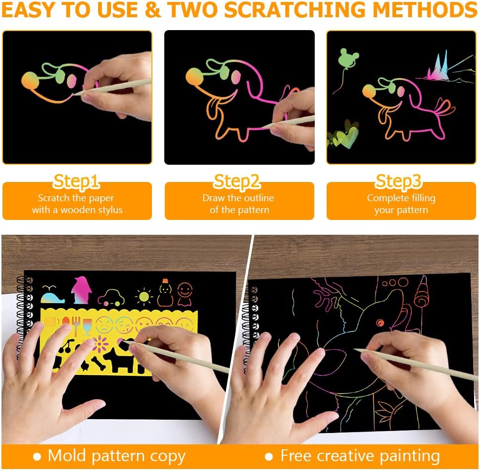 Thumbnail 2 de OFFCUP Carte à Gratter – Kit 2 livres d’art scratch avec 4 gabarits et 4 bâtons en bois