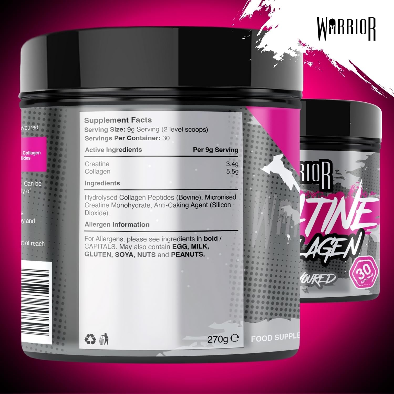 Detalle de Warrior Créatine Monohydrate + Collagène en Poudre 270 g – 30 doses, mix neutre ou fruits rouges