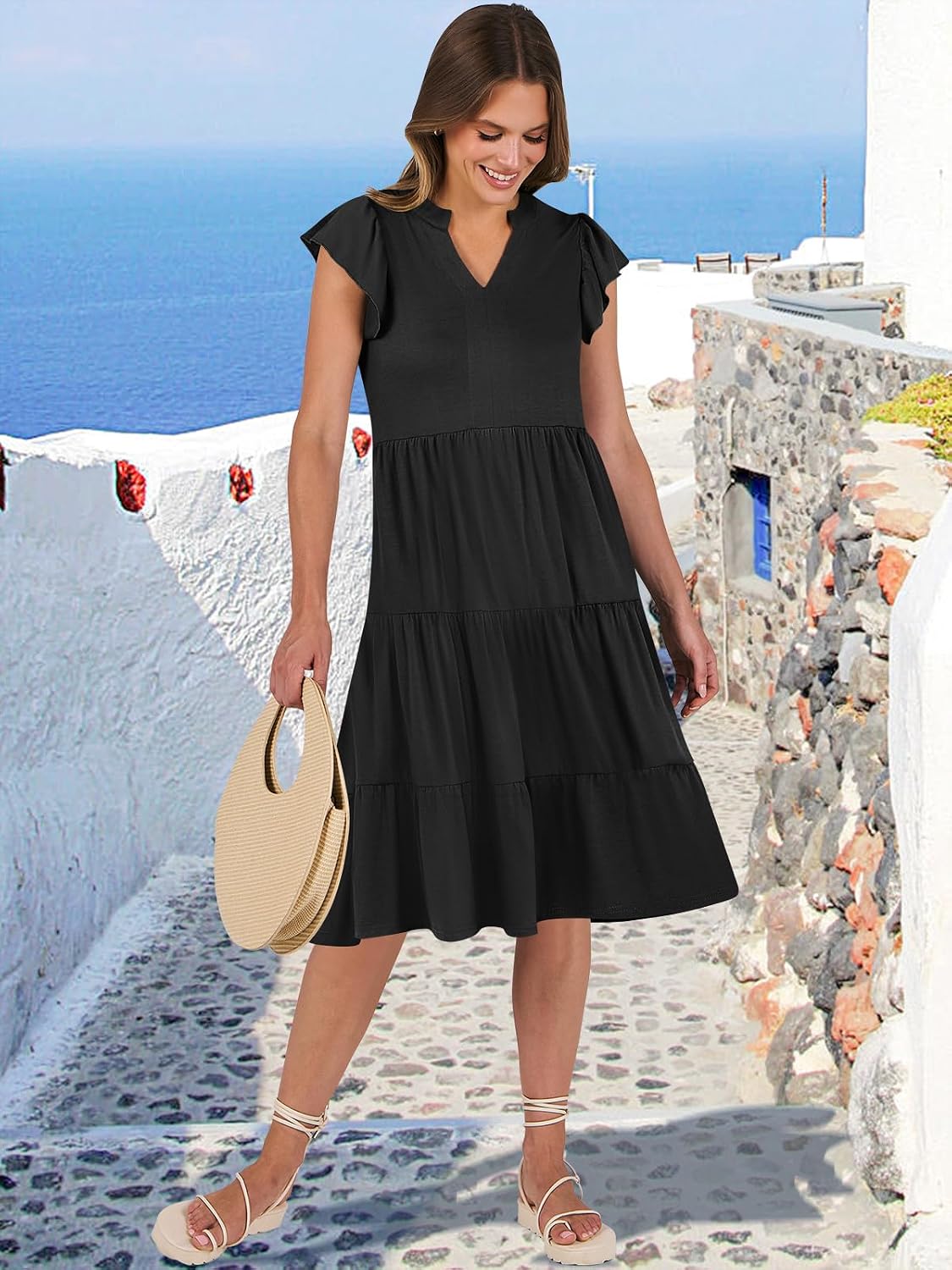 Detalle de ANRABESS Ruffle Sleeve V-Neck Tiered Midi Dress for Women
