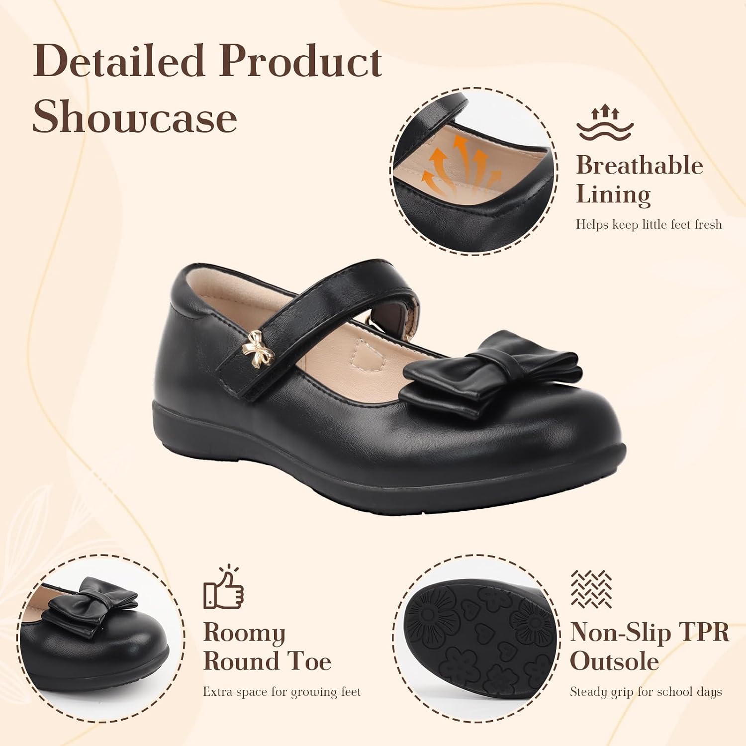 Detalle de Glamor Chaser A26Q1GF0019-20 Girls’ Black Mary Jane Shoes with Hook-and-Loop Strap
