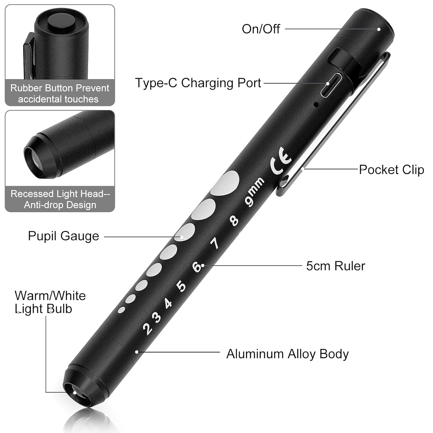 Thumbnail 6 de RISEMART Pupillenleuchte mit Pupillenmessgerät, Lineal und 2 Farbmodi – USB-wiederaufladbar, schwarz