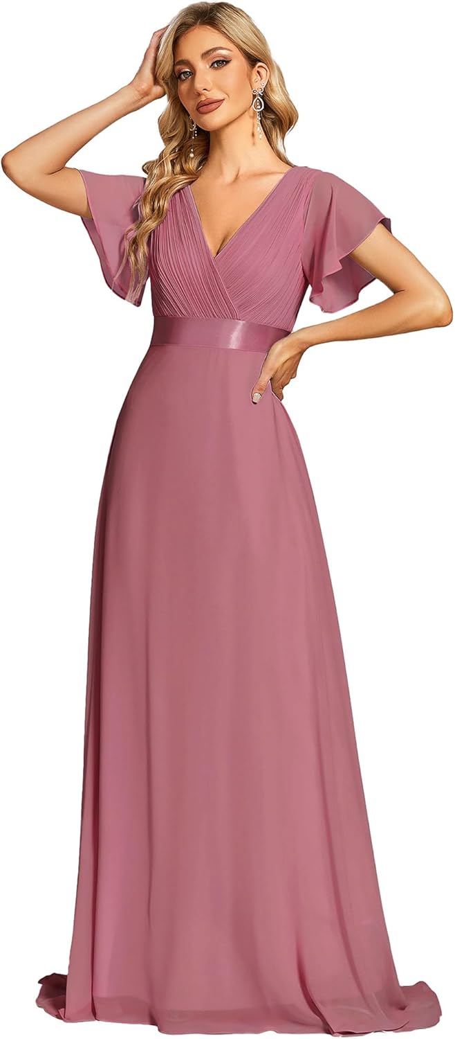 Thumbnail 5 de Ever-Pretty Women’s Chiffon Empire Waist Floor-Length Bridesmaid Dress (Short Sleeve, V-Neck)