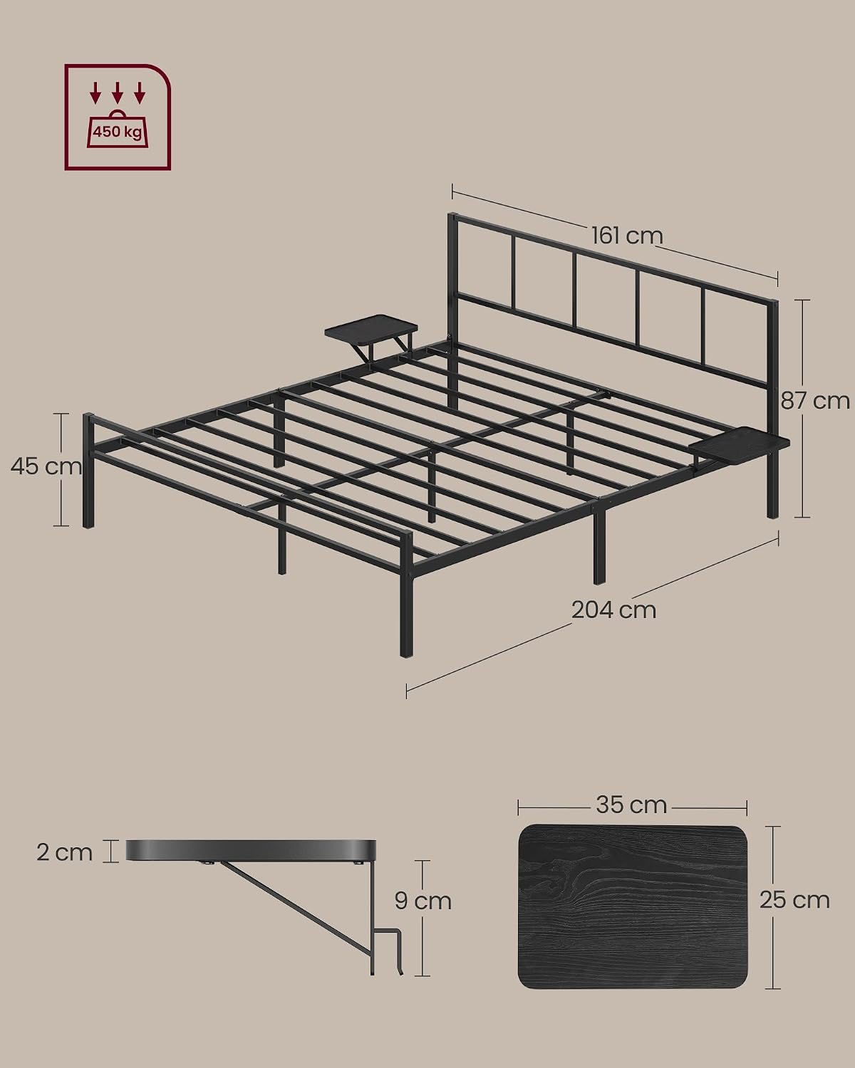 Detalle 2 de VASAGLE Doppelbettgestell 160 x 200 cm aus Metall mit Kopfteil und Aufbewahrungsregalen (mattschwarz)
