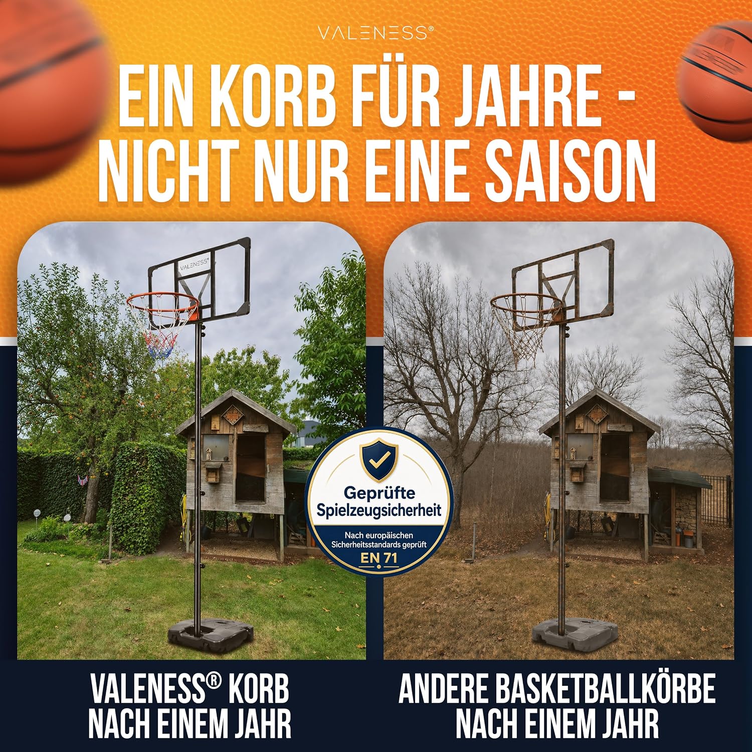 Detalle de VALENESS® Basketballkorb Outdoor – Höhenverstellbar 135–305 cm, wetterfest, inklusive Ball, Pumpe und Anleitung