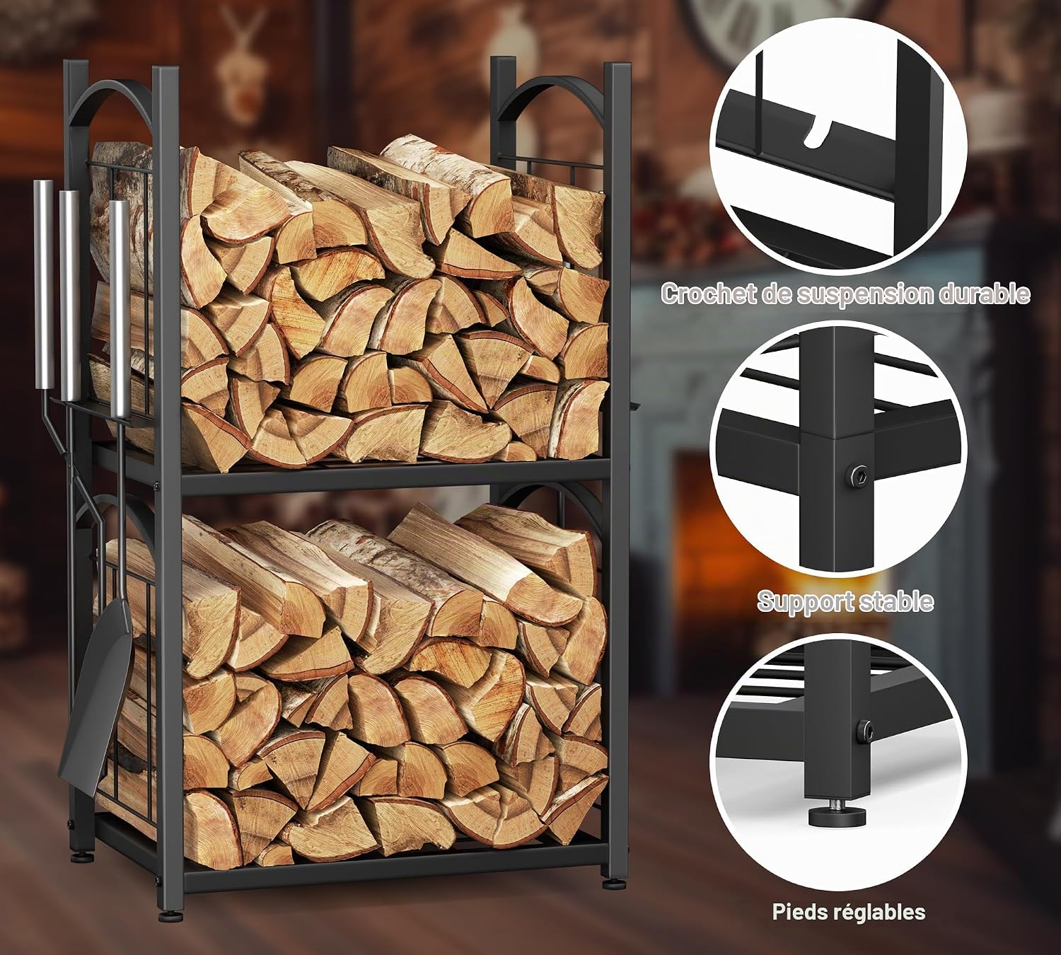 Detalle de HFHOME YM0353 brandhoutrek, 2-in-1 met haardgereedschap, 78 x 46 x 32 cm