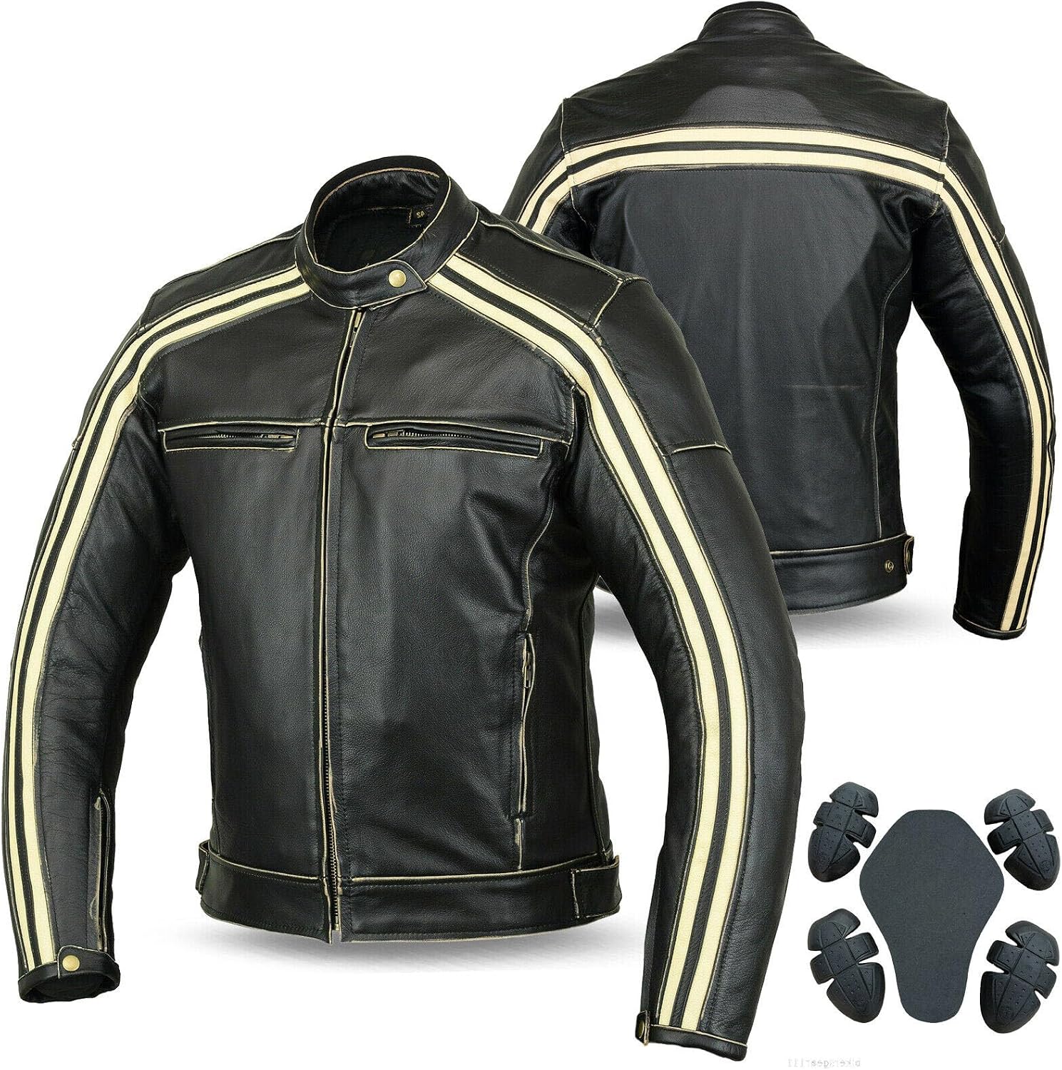 Detalle de Bikers Gear Bonnie – kurtka motocyklowa ze skóry bydlęcej, L, kość słoniowa w paski