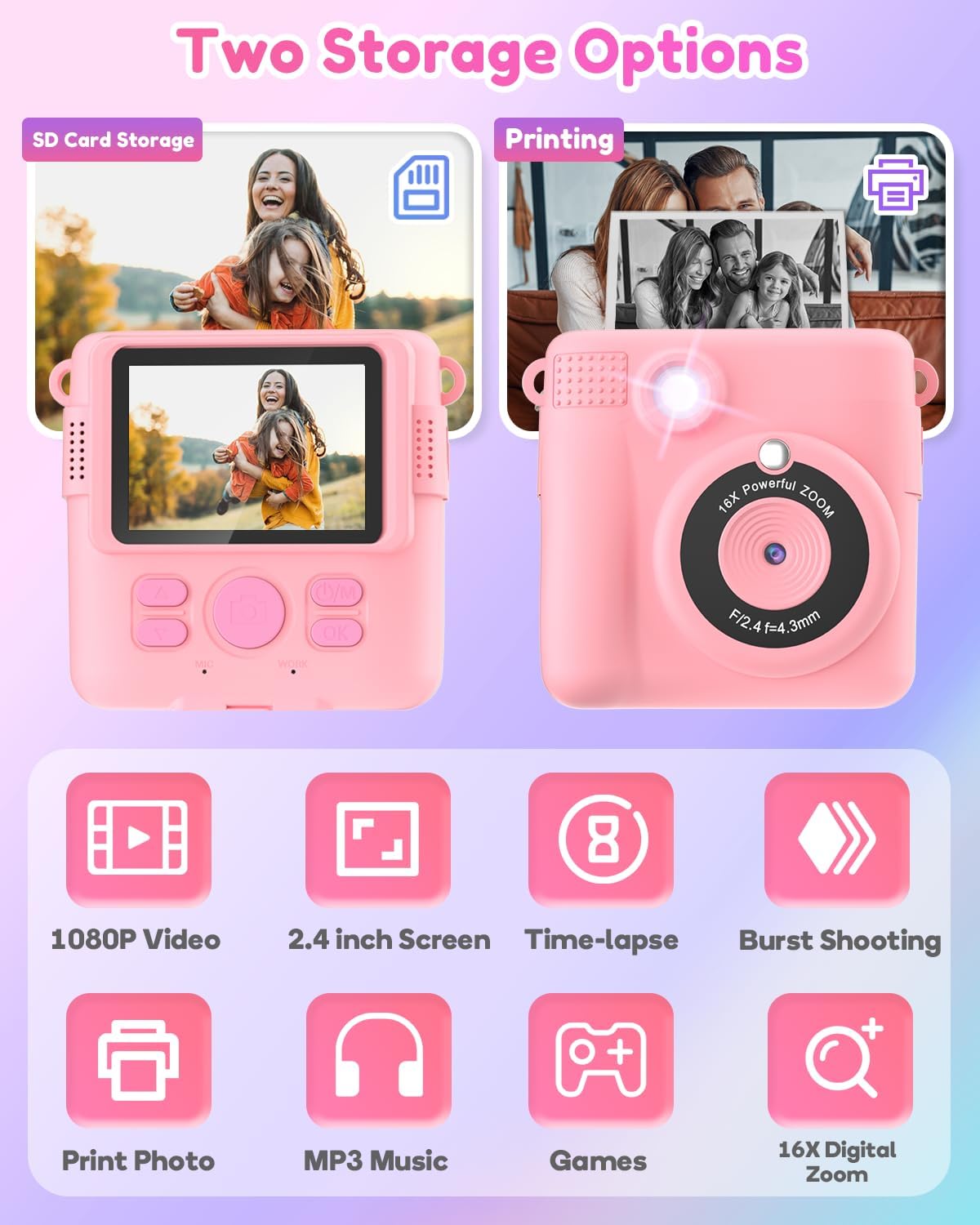 Thumbnail 1 de YORKOO Kids Instant Camera (Thermal Print) with Photo Paper, 1080P HD Digital Camera and Video Recorder, 32GB SD Card – Pink