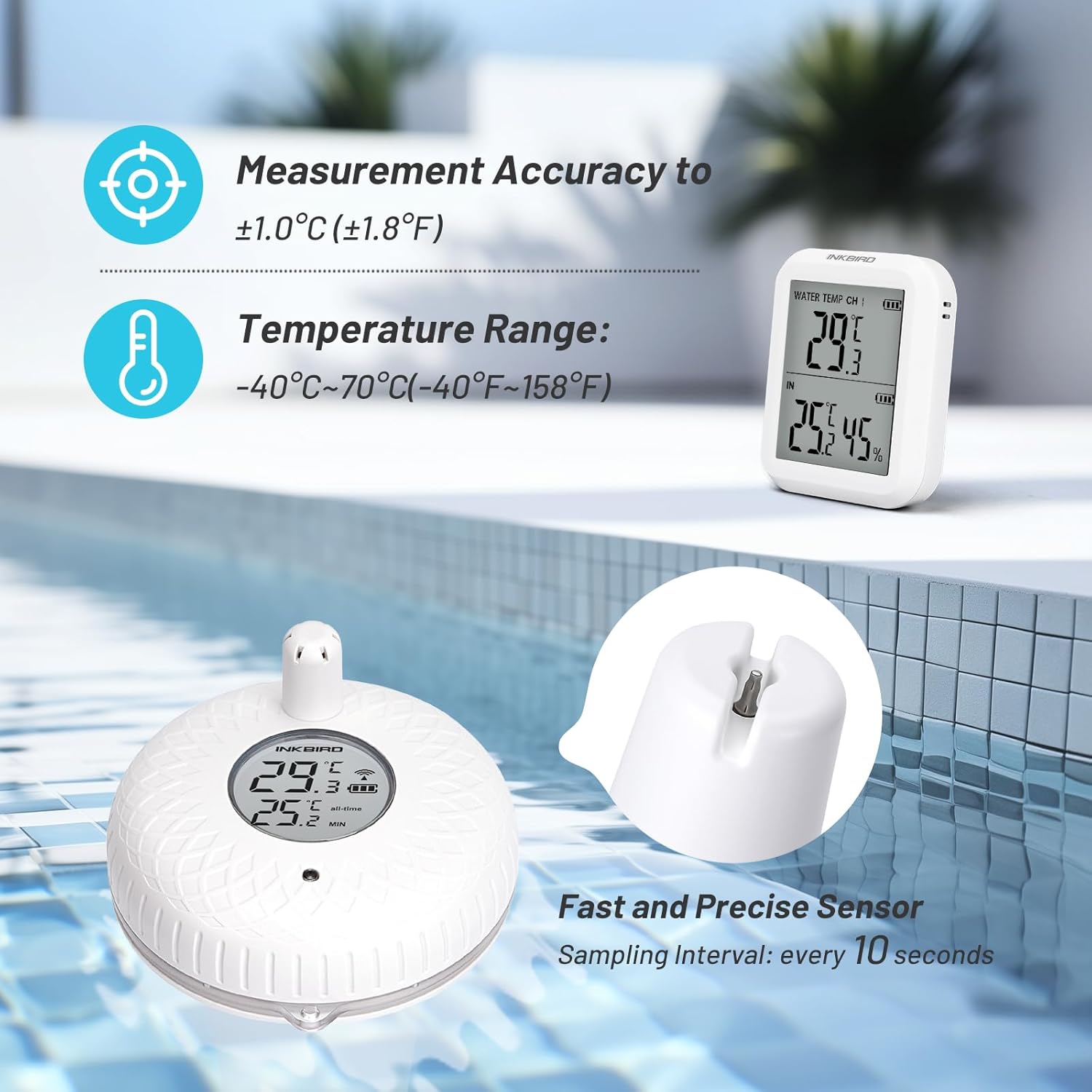 Detalle de Inkbird Wireless Floating Pool Thermometer IBS-P01R — Temperature Monitoring for Pools, Spas and More