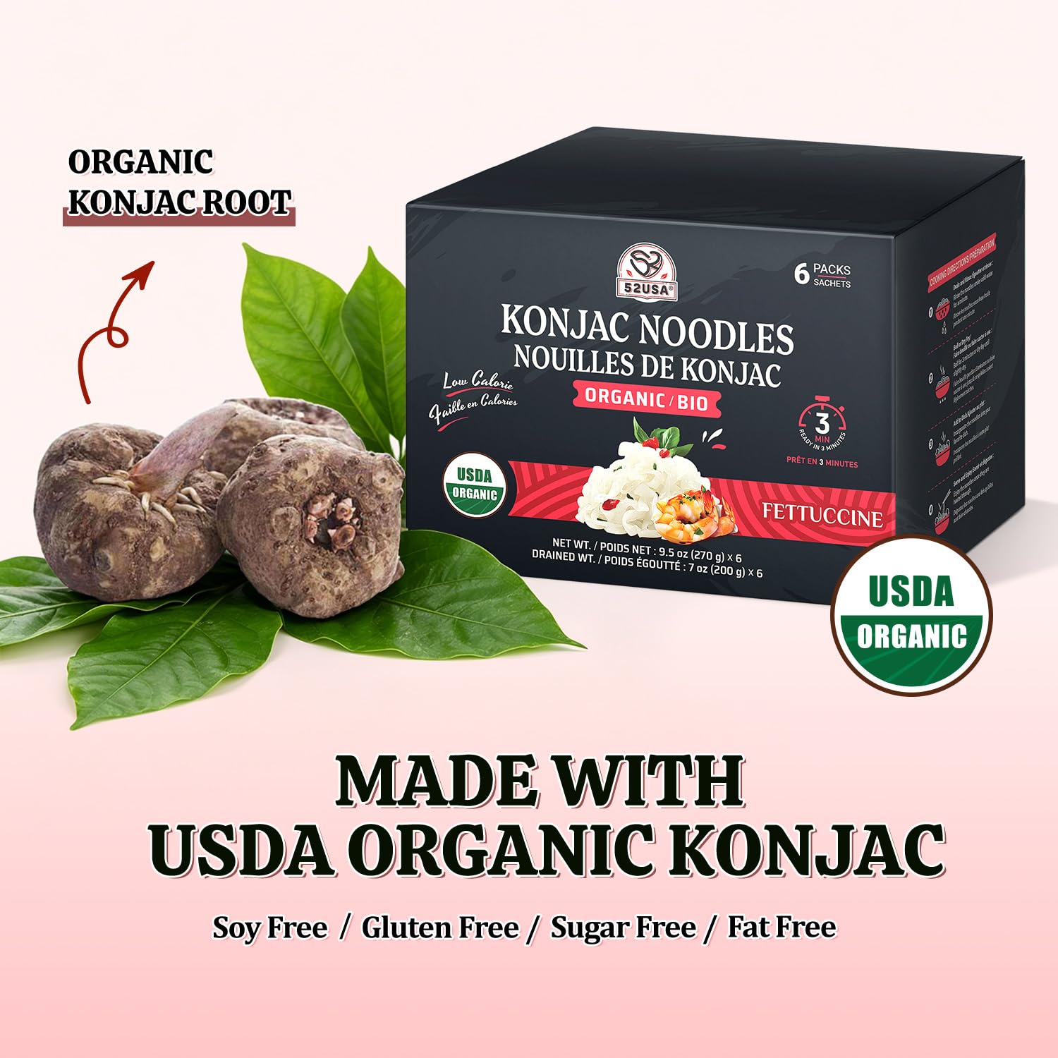 Detalle de 52USA SOE-KNA-006-668 Organic Konjac Fettuccine Noodles, Ready-to-Eat 6-Pack