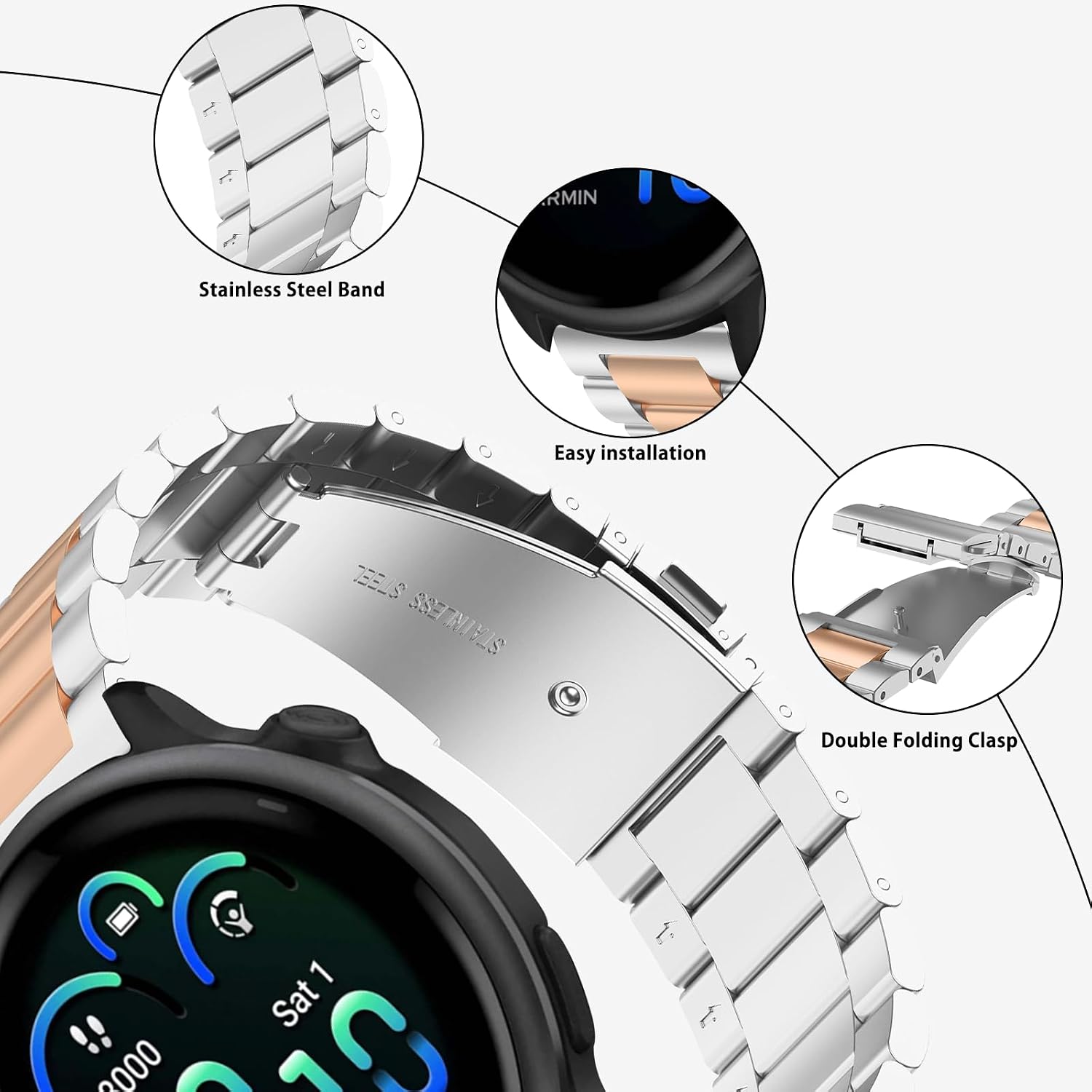Detalle 2 de SumRioo 20mm Stainless Steel Watch Strap for Garmin Venu, Vivoactive, Forerunner and More
