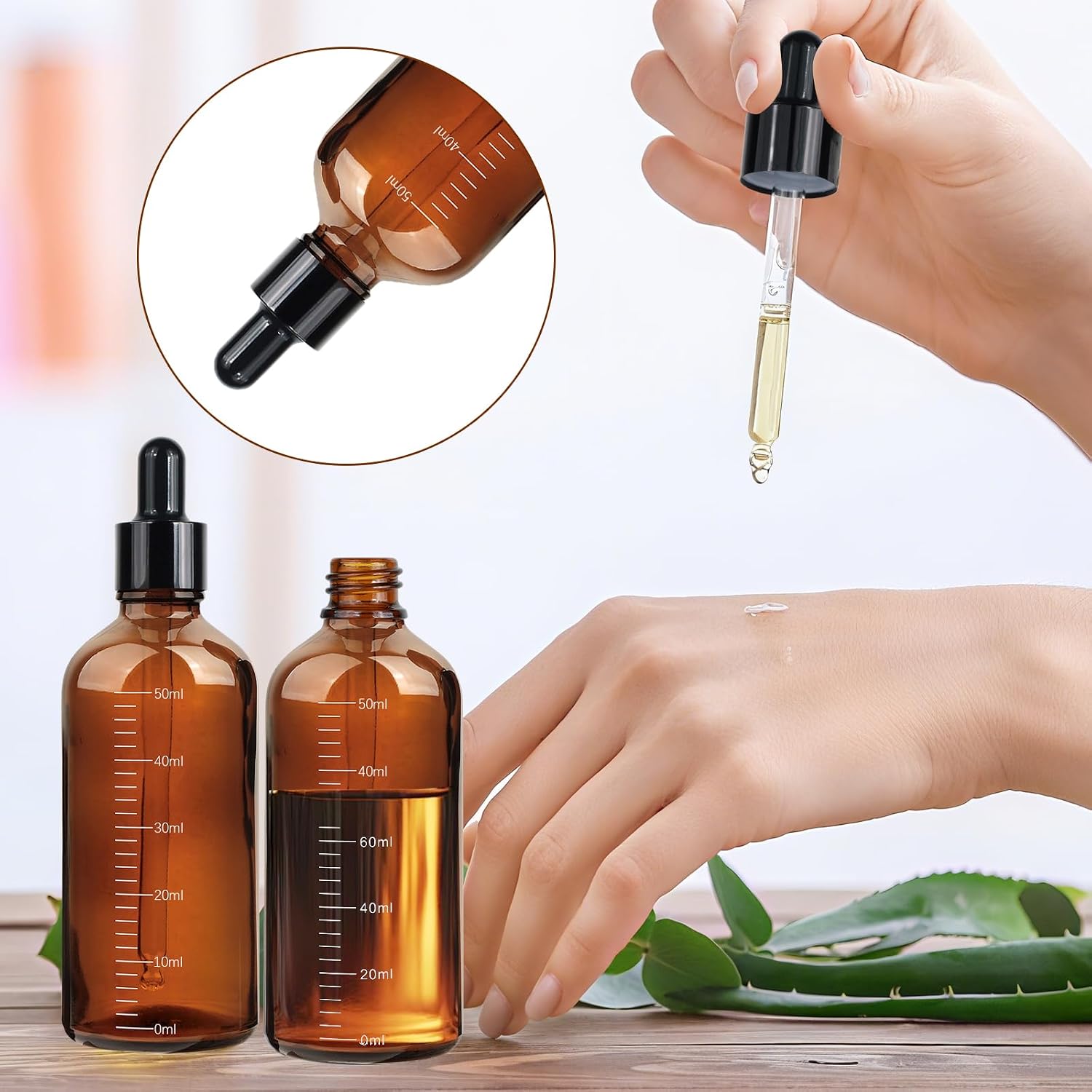 Detalle de Nadisean 6Pcs Amber Glass Dropper Bottles 50ml – Precise,UV‑protected Refillable Set