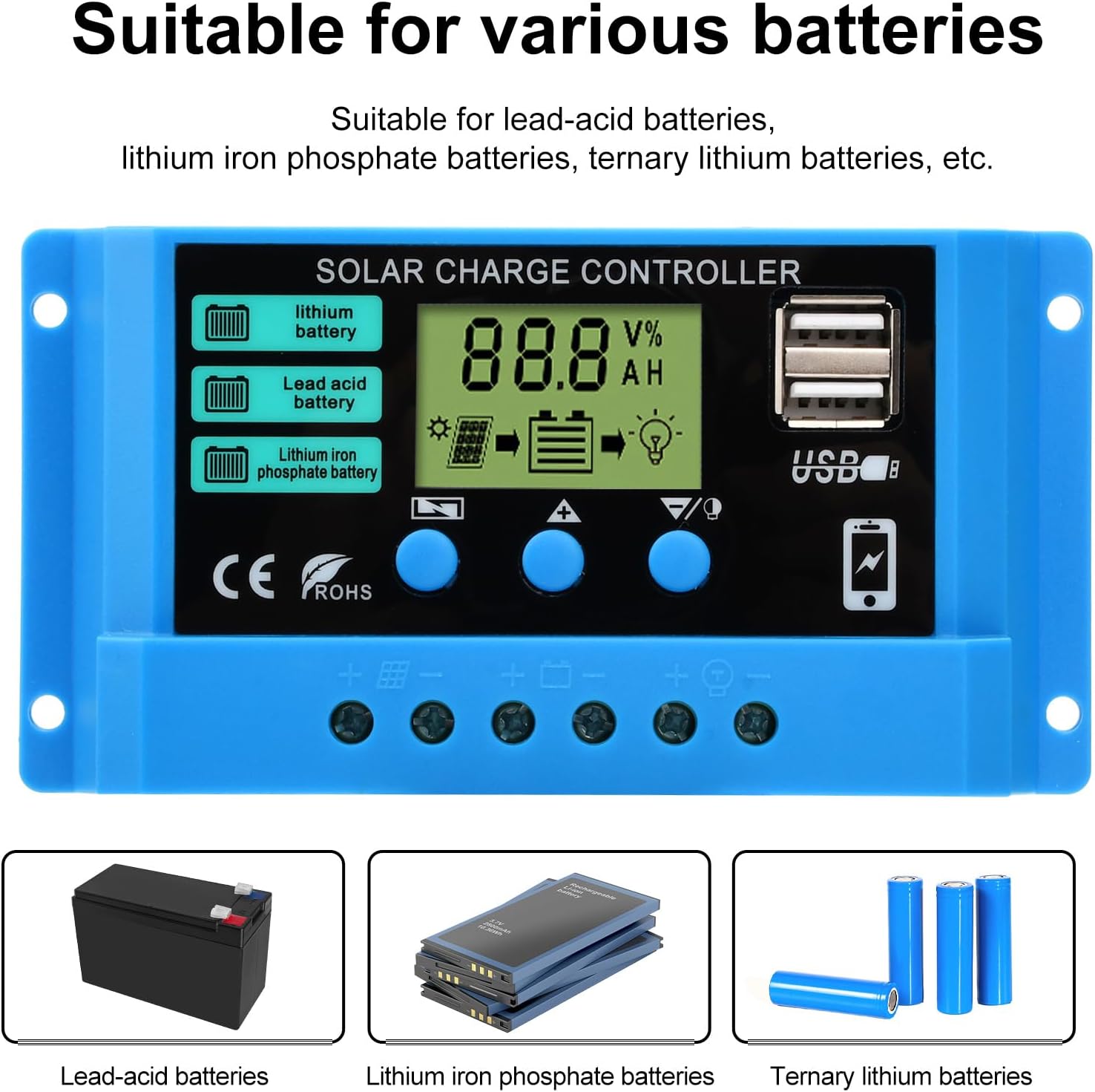 Detalle 2 de diymore 30 A solcellsladdningsregulator för 12 V/24 V med LCD och USB