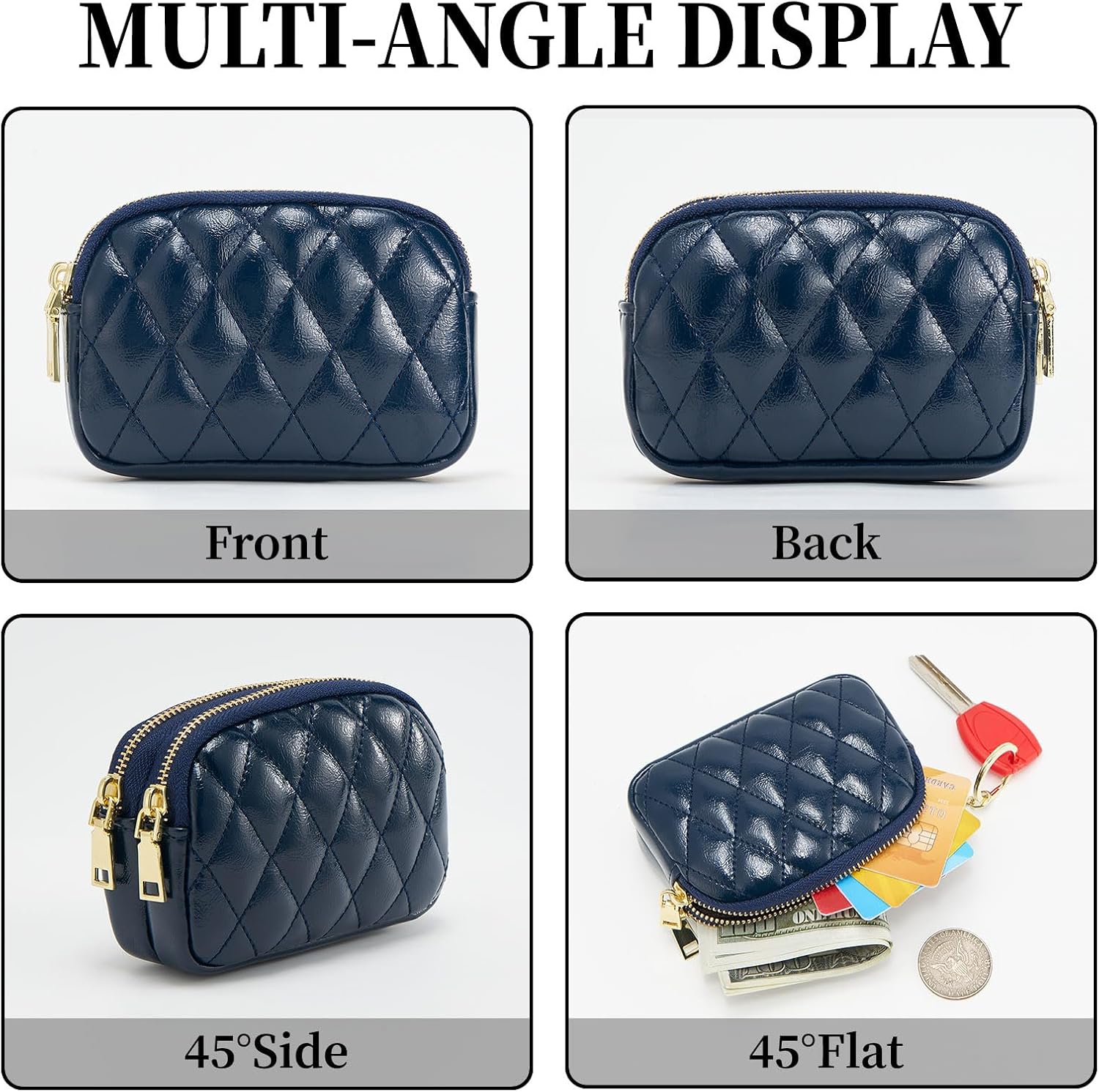 Thumbnail 4 de QIUTIMY Women’s Small Purse: Quilted Blue Artificial Leather Coin Wallet with Double Zips