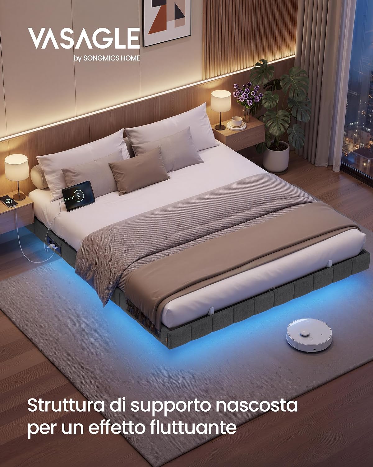 Thumbnail 2 de VASAGLE Struttura Letto Effetto Fluttuante 160x200 cm con LED, prese e USB – Grigio Ardesia RMB165G101