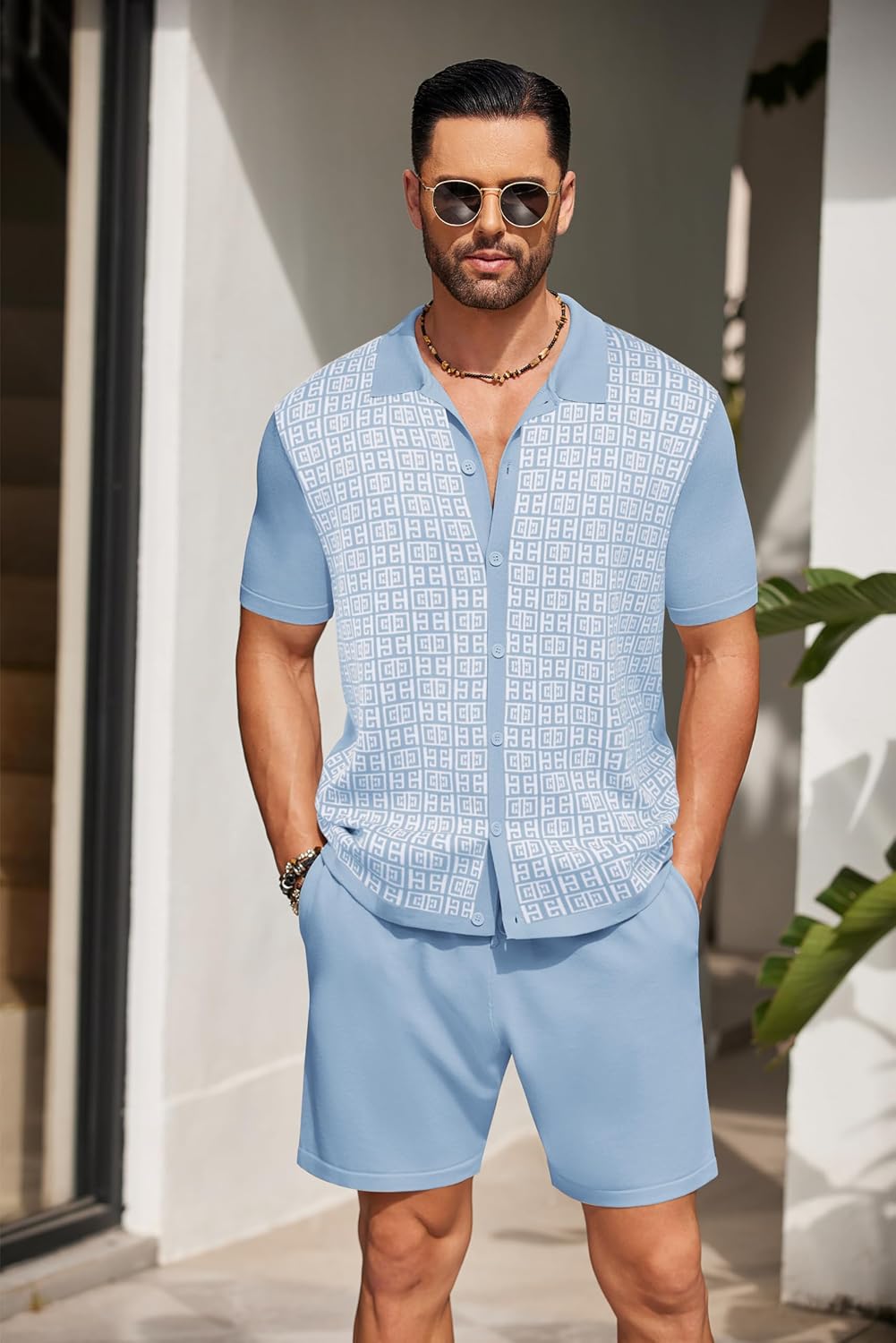 Thumbnail 1 de COOFANDY Men's 2 Piece Vintage Knit Polo & Beach Shorts Set