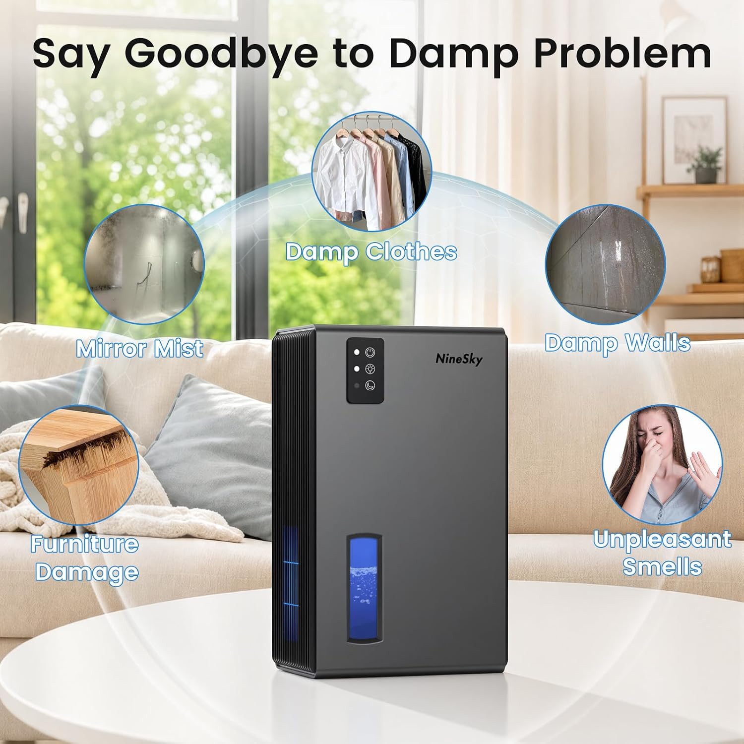 Detalle de NineSky 1000 Sq Ft Dehumidifier with 95 oz Tank — Quiet, Auto Shut-Off, and 7-Color Ambient Light